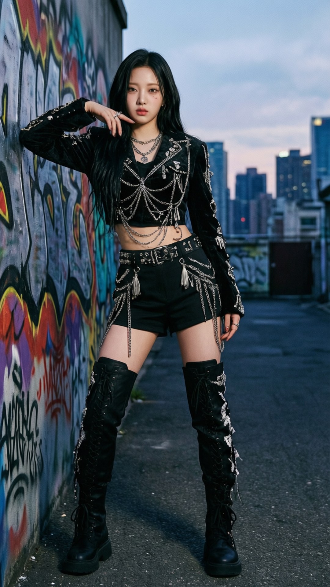 一張 Kpop 偶像的街頭風格時尚肖像，充滿前衛感。