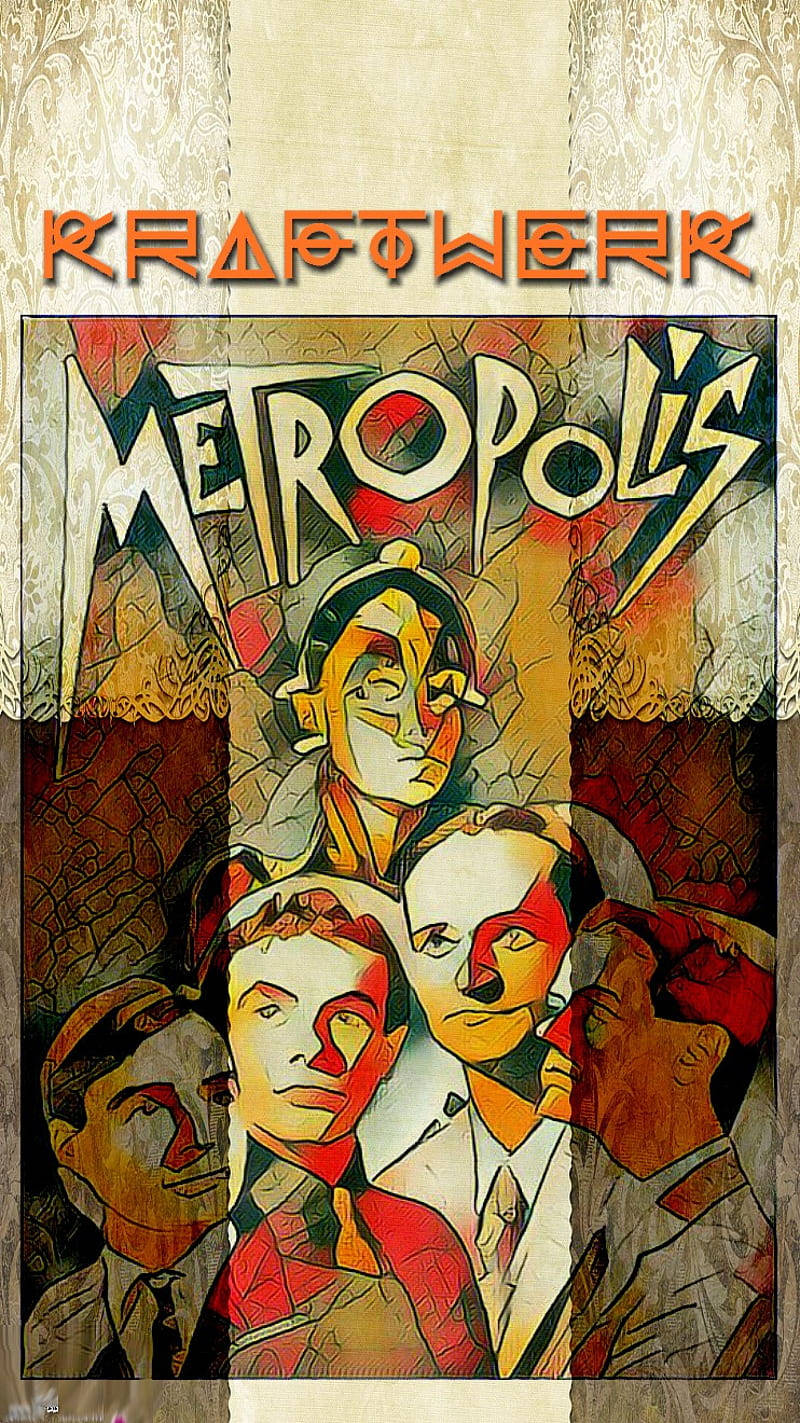 band 桌布 壁紙 — Kraftwerk 專輯《Metropolis》的復古海報藝術，以溫暖色調的風格化面孔搭配紋理背景。