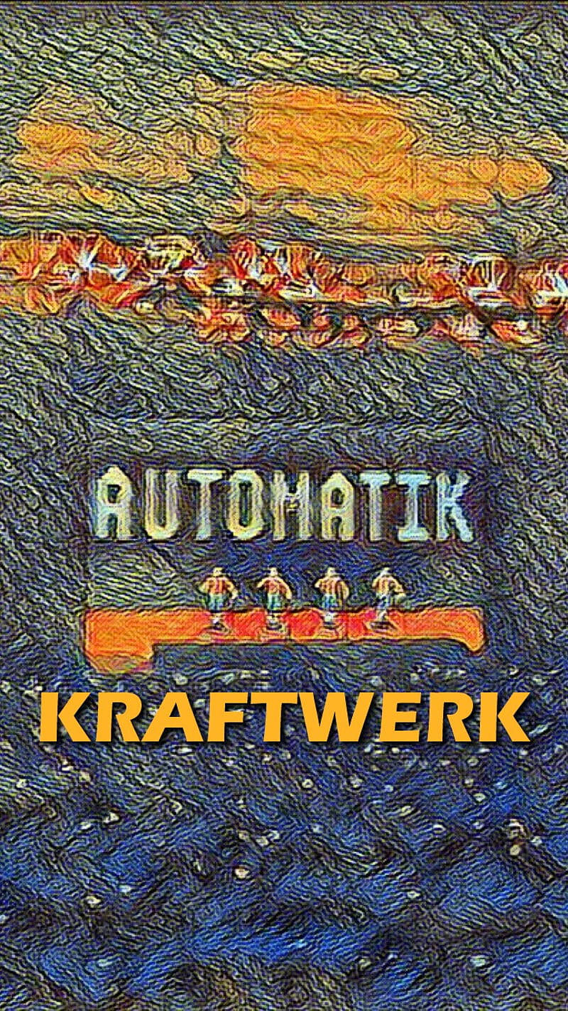 band 桌布 壁紙 — Kraftwerk 的 Automatik 風格化專輯封面，在紋理藍色和橙色背景上，紅色平台上站著四個人像。