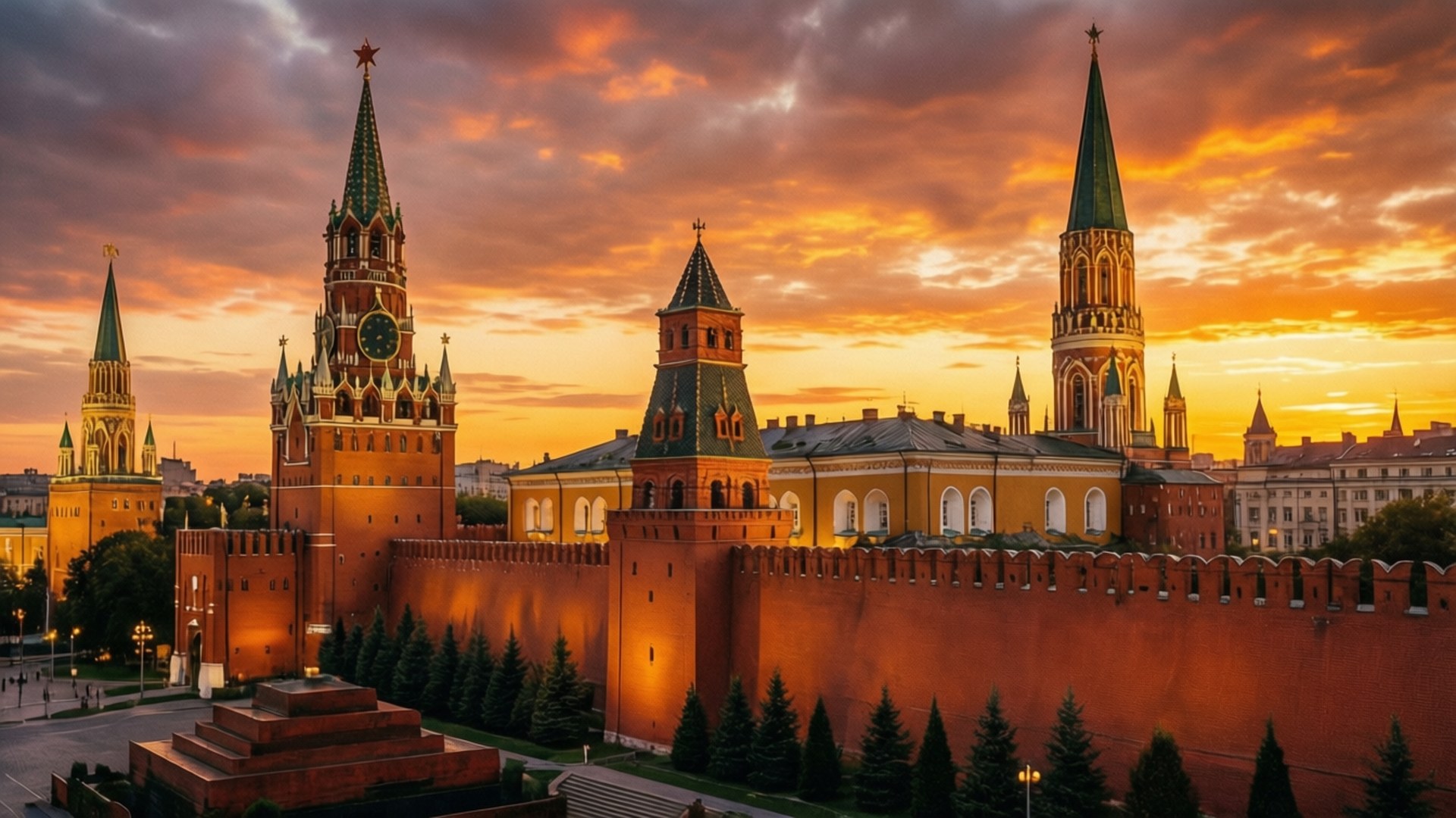Kremlin Sunset Panorama 壁紙 — 克里姆林宮的塔樓和紅牆在熾熱的橙粉紅色日落天空下溫暖地發光。