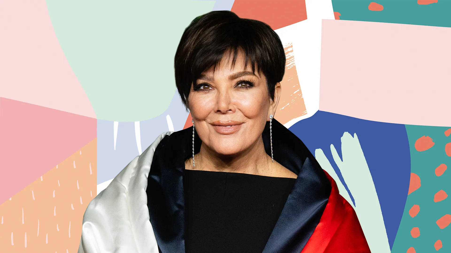 kris 桌布 壁紙 — Kris Jenner 在充滿活力的抽象背景（柔和粉彩與大膽幾何形狀）前溫暖微笑。