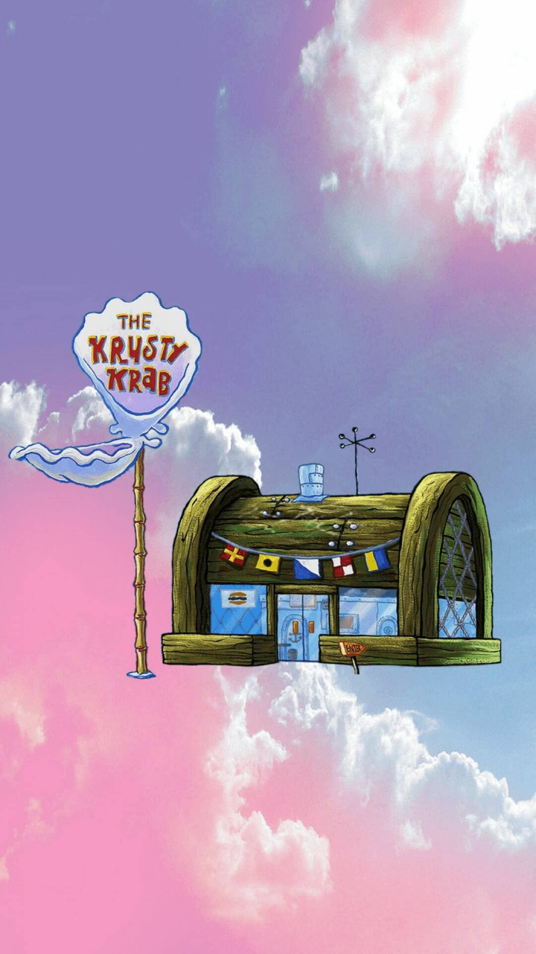 Spooky Aesthetic 桌布 壁紙 — Krusty Krab 餐廳漂浮在夢幻的粉紅色和紫色天空中，伴隨著蓬鬆的雲朵。