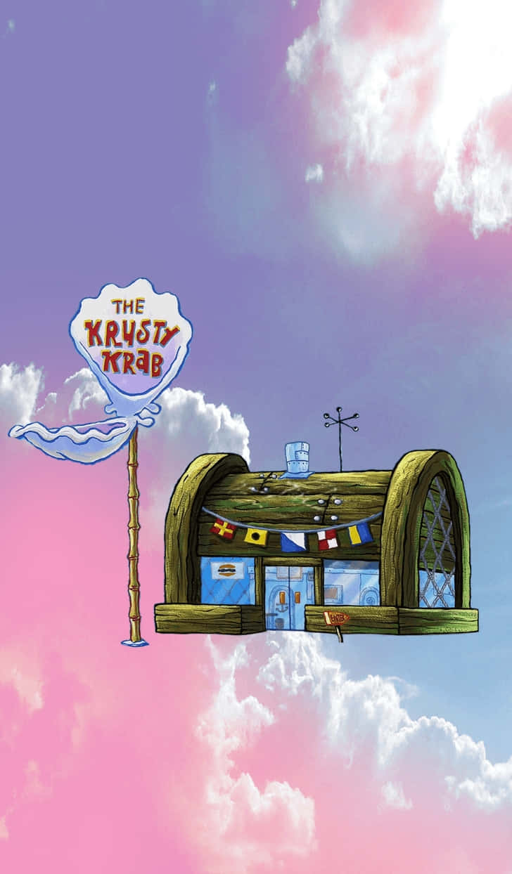 Lo Fi Aesthetic 桌布 壁紙 — Krusty Krab 餐廳漂浮在充滿活力的粉紅色和紫色天空，伴有蓬鬆的雲朵。