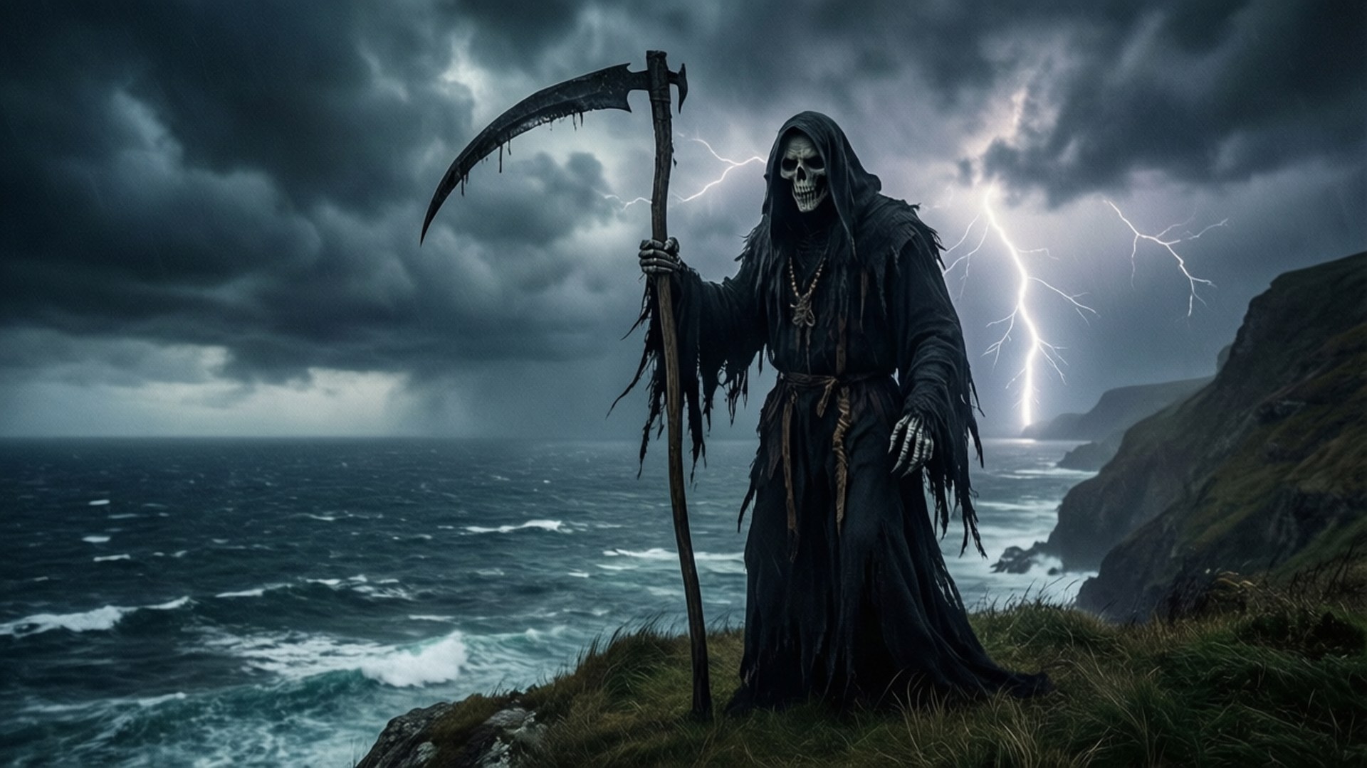 Reaper on the Stormy Cliff 壁紙 — 一個身穿破爛黑色長袍的骷髏死神站在暴風雨懸崖邊，手持鐮刀，身後閃電劃過洶湧的大海。