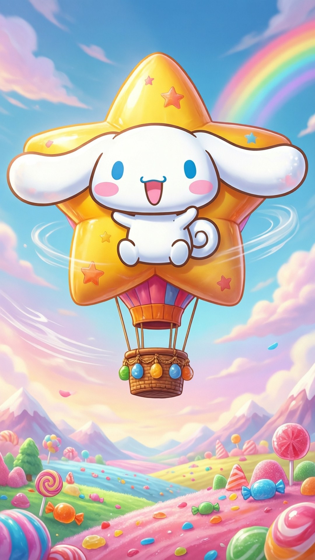 Hot Air Balloon Adventure 壁紙 — 一隻快樂的白兔，藍眼睛，坐在金色星形熱氣球上，漂浮在糖果樂園景觀上空，天空中有彩虹。