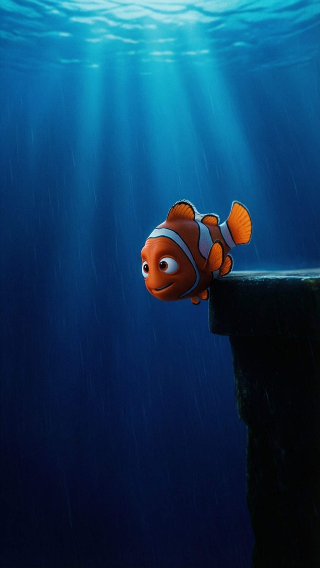 Nemo at the Drop-off 壁紙 — 一條快樂的橙色小丑魚從深色珊瑚礁邊緣探出頭來，陽光穿透上方深藍色的海洋。