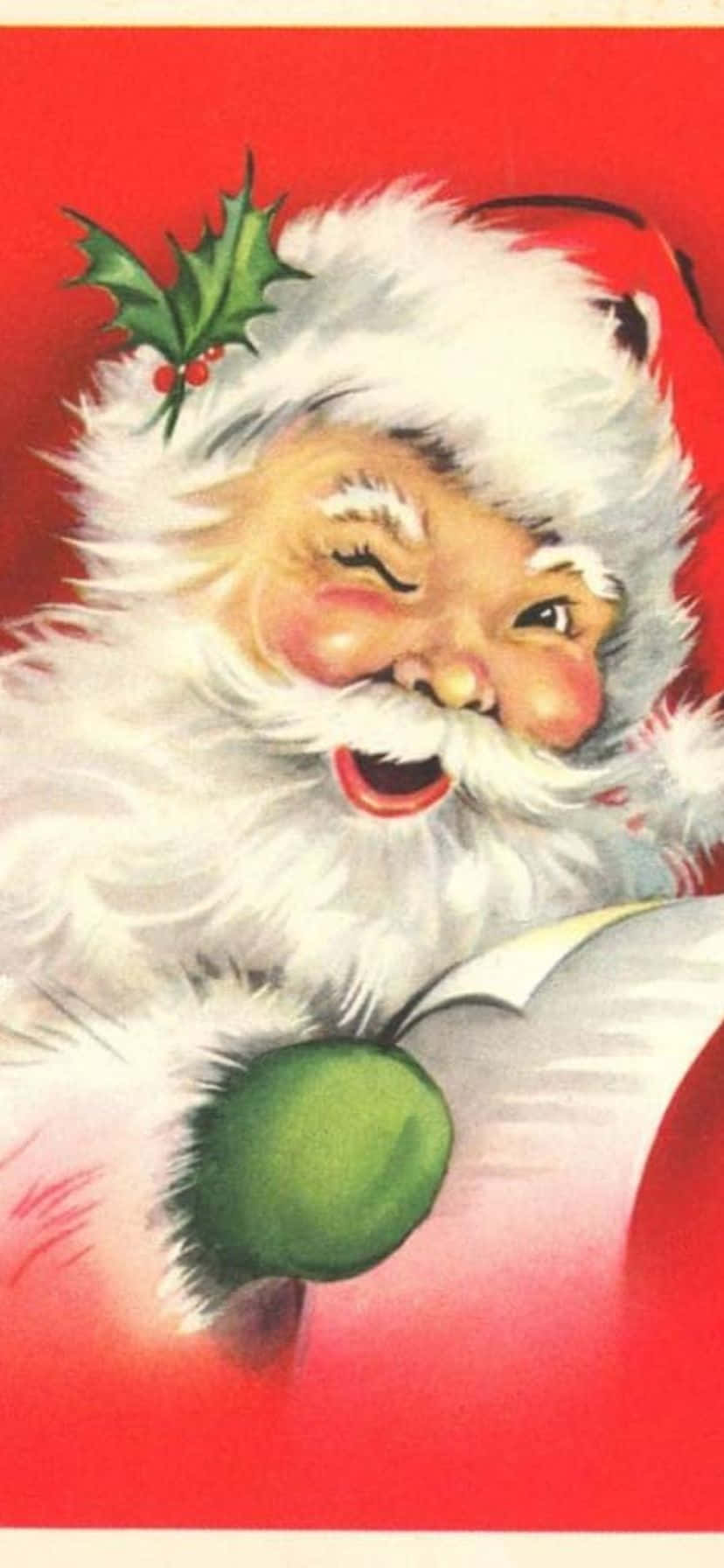  壁紙 — 一位快樂的復古聖誕老人，帽子上有冬青枝，在鮮紅色背景前笑著拿著綠色裝飾品。