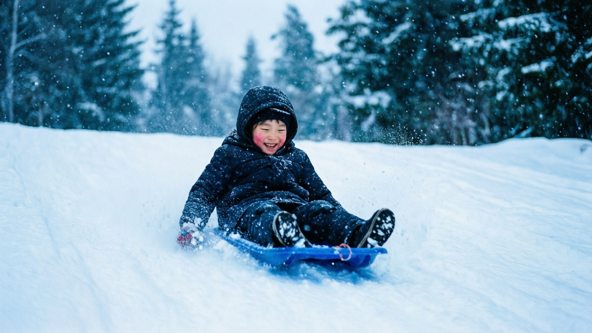 Winter Sledding Joy 壁紙 — 一個快樂的孩子穿著深色雪衣，在雪坡上滑雪橇，雪花在周圍飛舞。