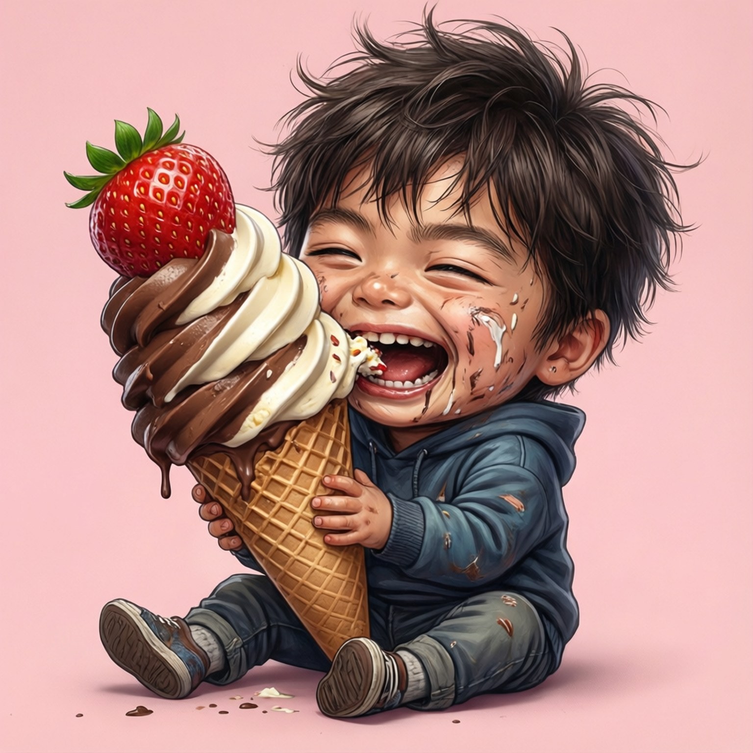 Umaru 桌布 壁紙 — 一個快樂的孩子頭髮凌亂，笑著擁抱一個巨大的巧克力和香草冰淇淋甜筒，上面有草莓。