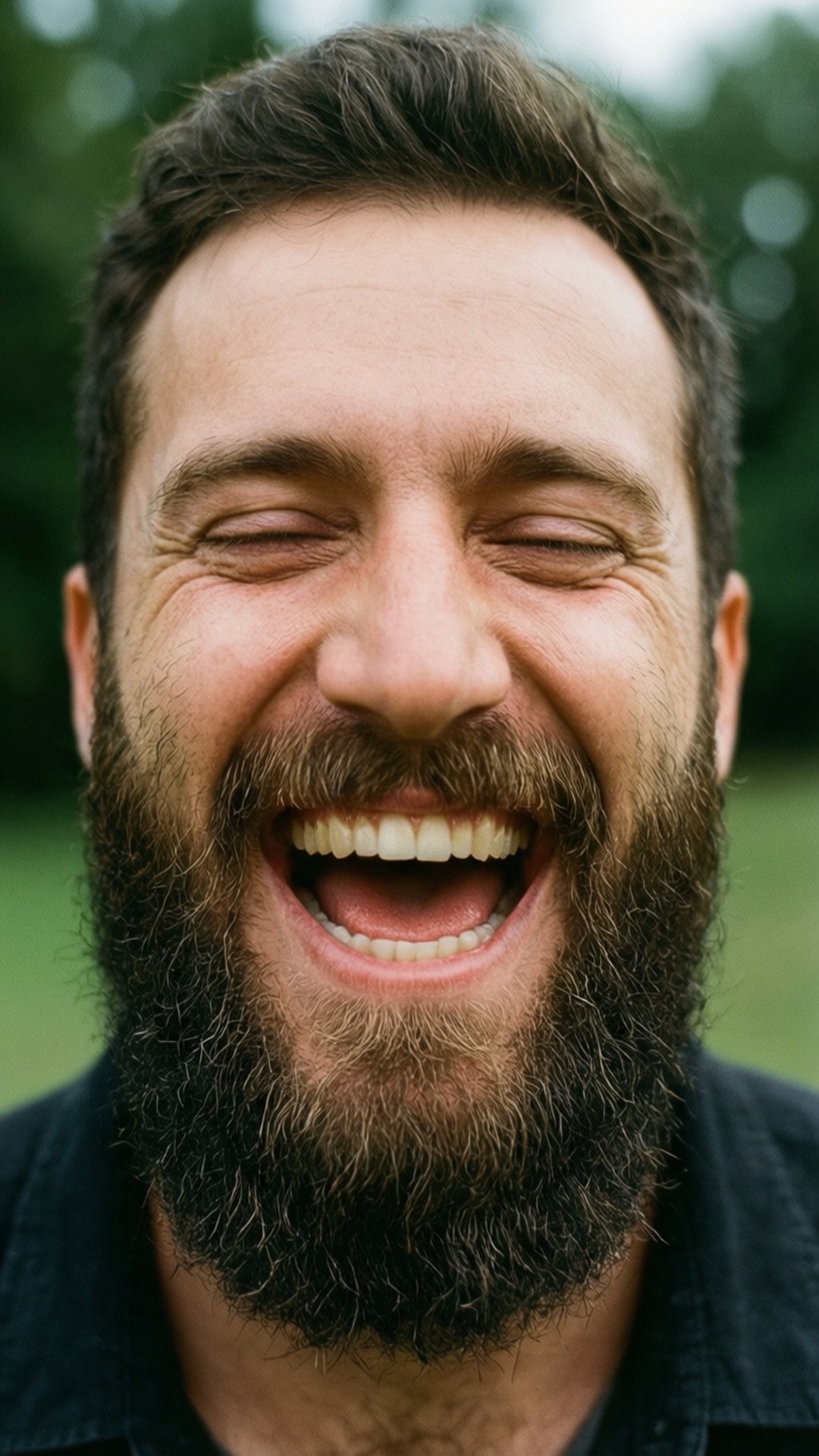 Bearded Laugh 壁紙 — 一個快樂的鬍鬚男在戶外閉著眼睛對著柔和的綠色背景開懷大笑。