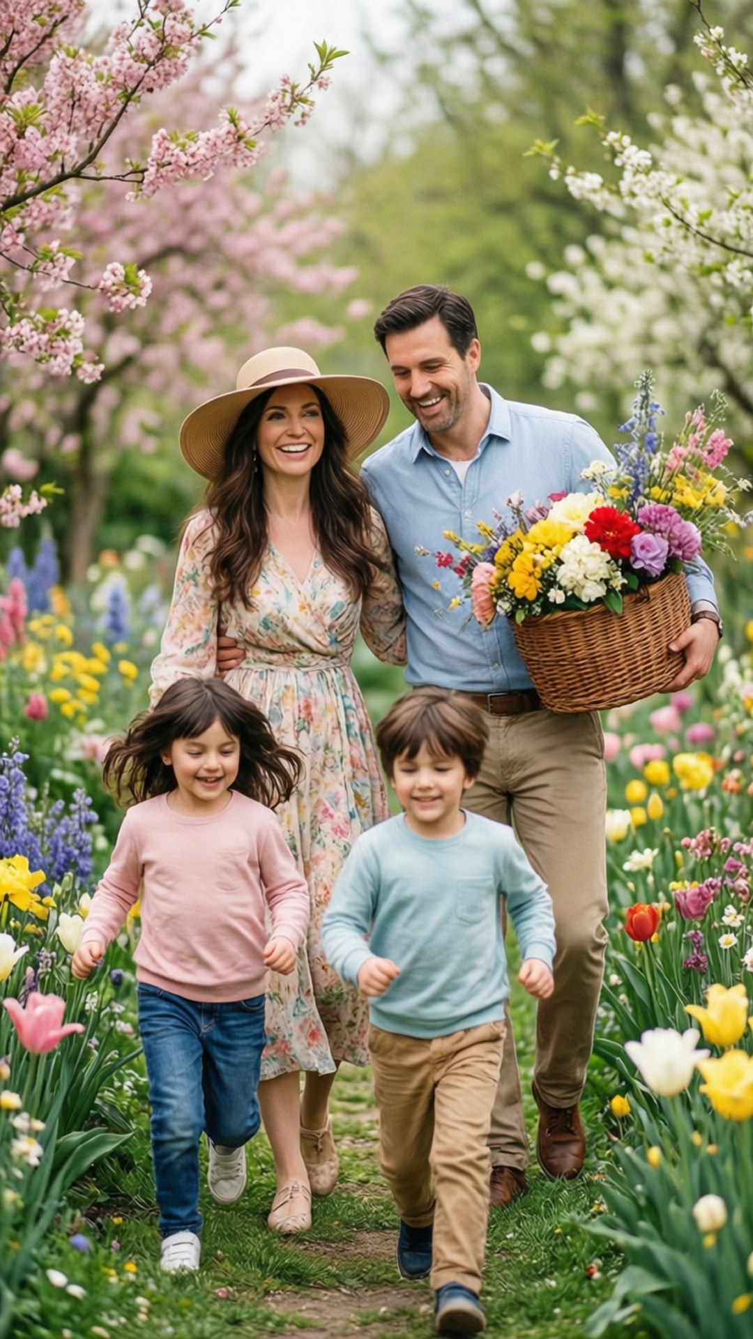 Garden Blooms 壁紙 — 一個四口之家笑容滿面，歡快地跑過充滿色彩繽紛鬱金香和盛開櫻花樹的充滿活力的春季花園。
