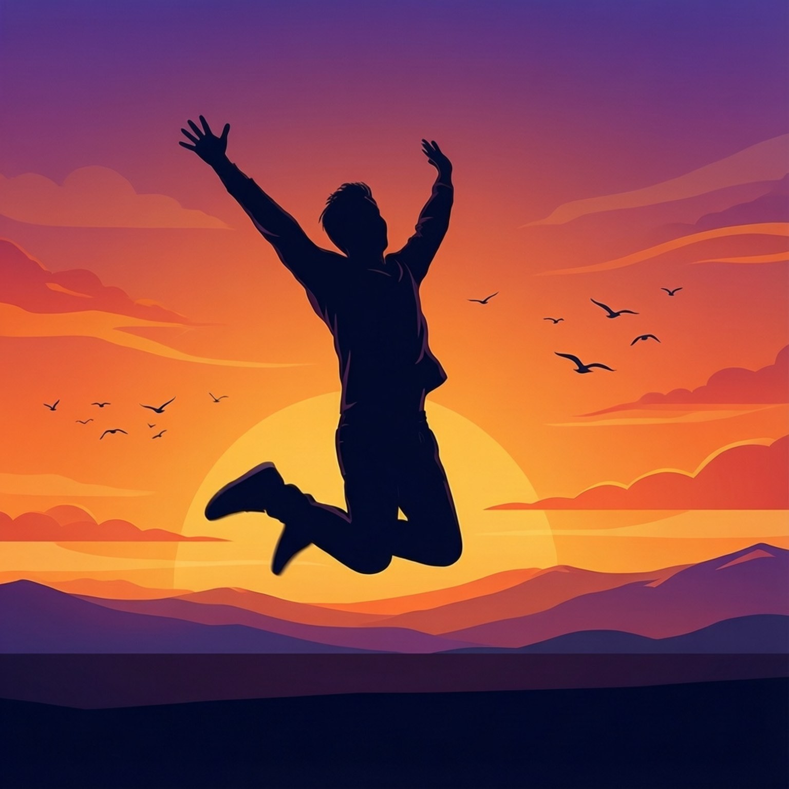 Jump Into Joy 壁紙 — 一個快樂的剪影，一個人舉起雙臂跳躍，背景是層疊山巒上 vibrant 的日落，有飛鳥。