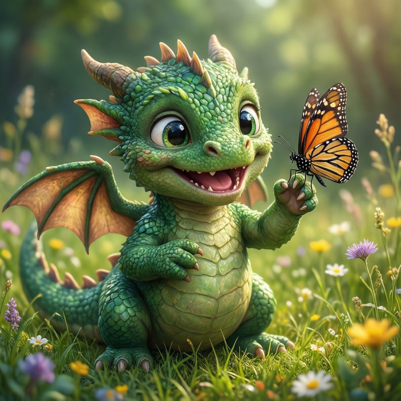 Baby Dragon Playtime 壁紙 — 一隻快樂的綠色小龍，大眼睛，在陽光明媚的野花草甸上輕輕地拿著一隻帝王斑蝶。