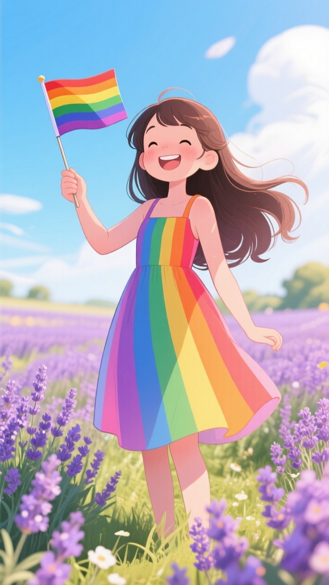 Girl in Lavender Field 壁紙 — 一個快樂的女孩穿著彩虹裙，在明亮的藍天下站在紫色薰衣草田裡，手持驕傲旗幟。