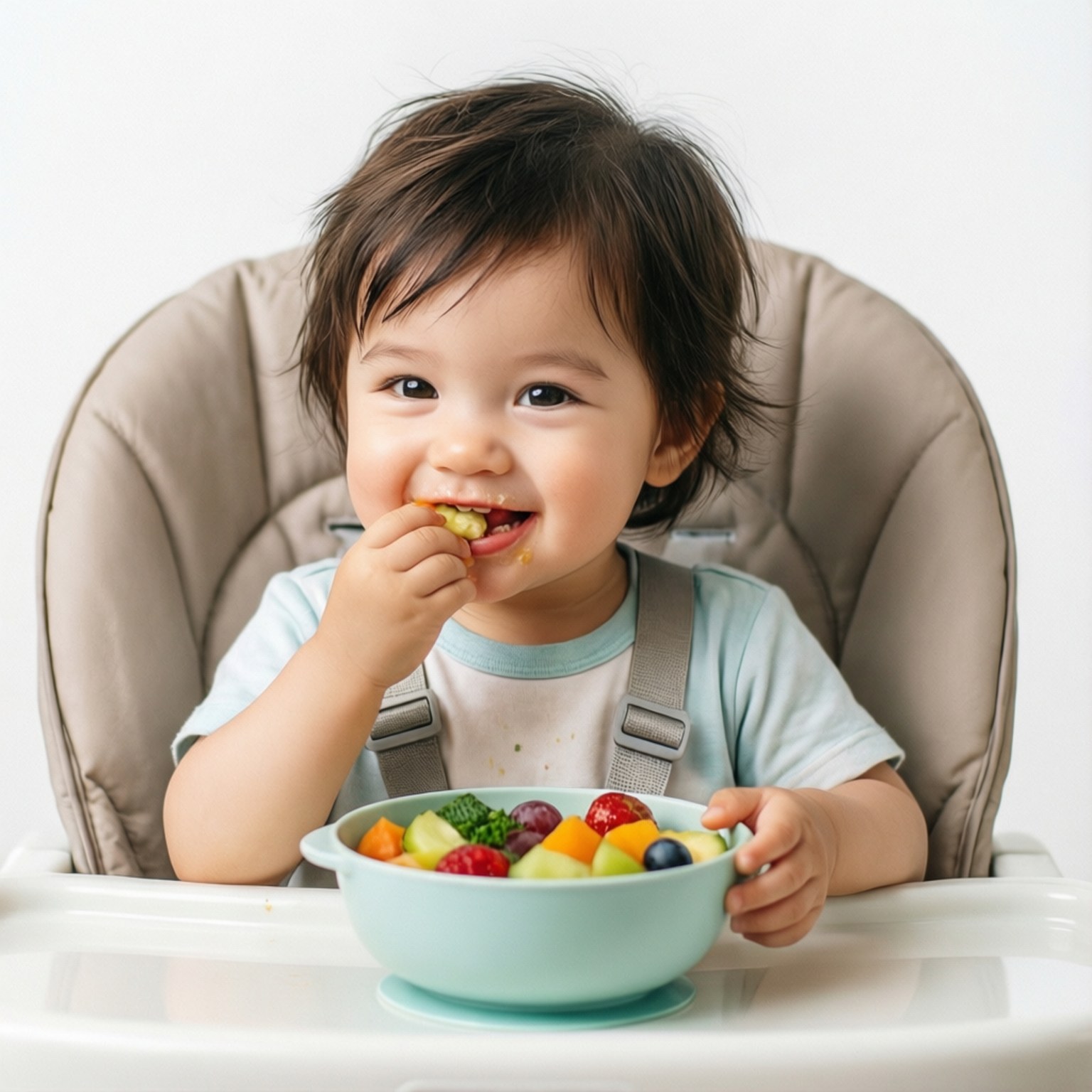 National Child Health Day 桌布 壁紙 — 一個快樂的深色頭髮幼兒坐在米色高腳椅上，開心吃著淺藍色碗裡的多彩水果。