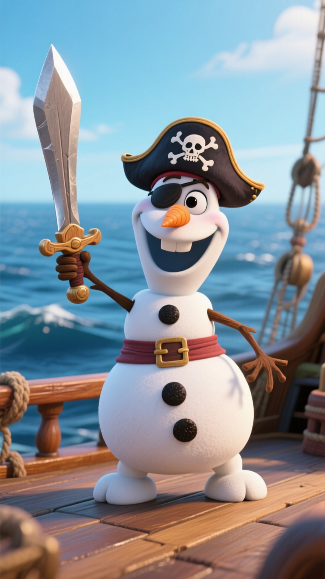 Pirate Olaf Adventure 壁紙 — 一個快樂的雪人海盜，戴著骷髏帽、眼罩和劍，站在船甲板上，背景是明亮的藍色海洋。