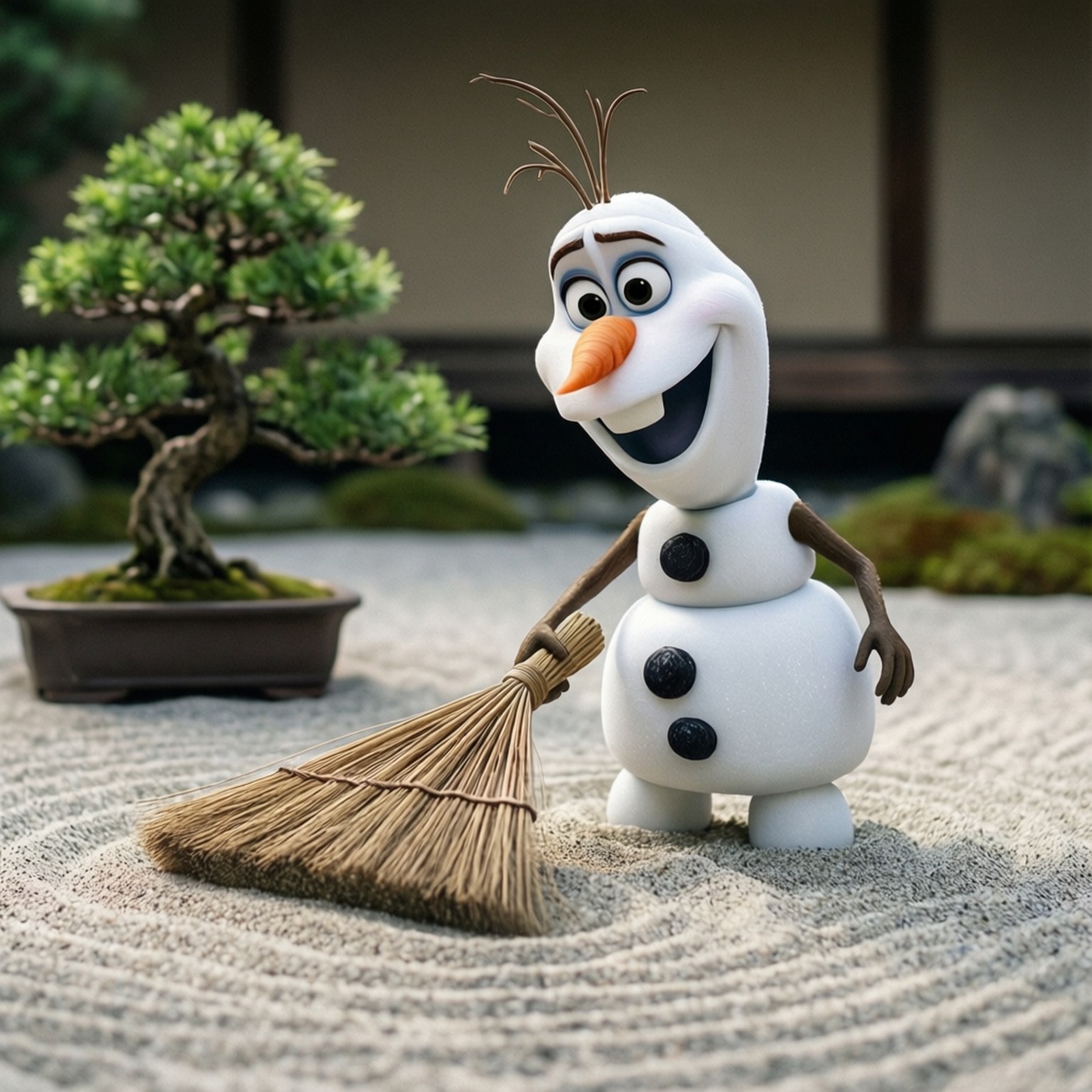 Olaf Zen Garden 壁紙 — 一個快樂的雪人，用樹枝手臂和胡蘿蔔鼻子，在寧靜的日本花園裡，在盆景樹旁邊掃耙過的沙子。
