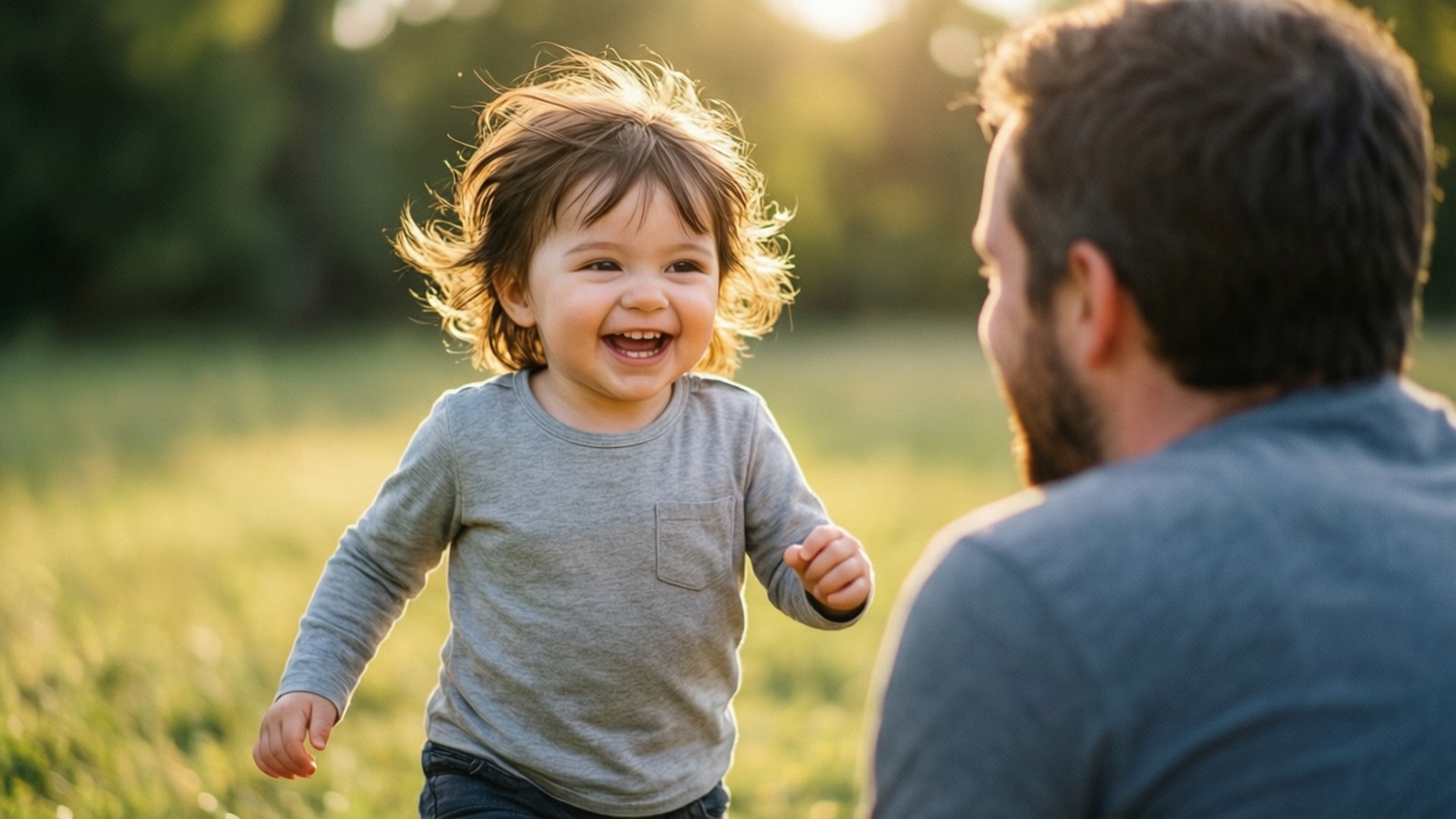 Toddler Run 壁紙 — 一個快樂的幼兒頭髮亂糟糟，在陽光明媚的草地上邊笑邊跑向一個成年人。