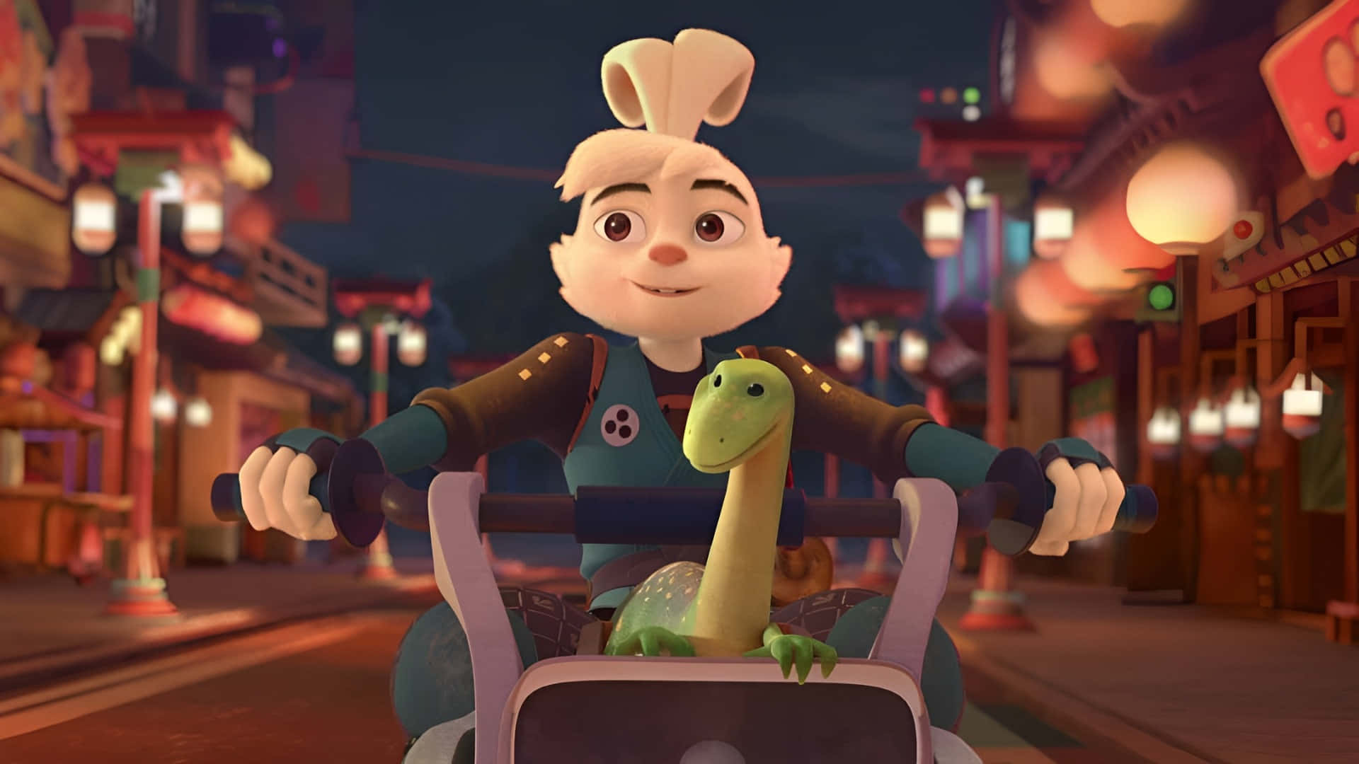  壁紙 — 一隻快樂的動畫兔子，長著兔耳朵，騎著滑板車，穿過溫暖照明的霓虹夜街，載著一隻綠色恐龍乘客。