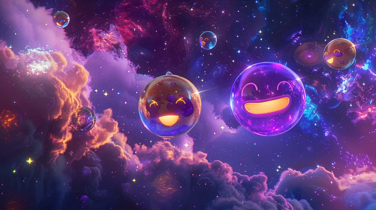  壁紙 — 快樂發光的表情符號泡泡漂浮在充滿星星和旋轉紫橙色雲彩的充滿活力的宇宙星雲中。