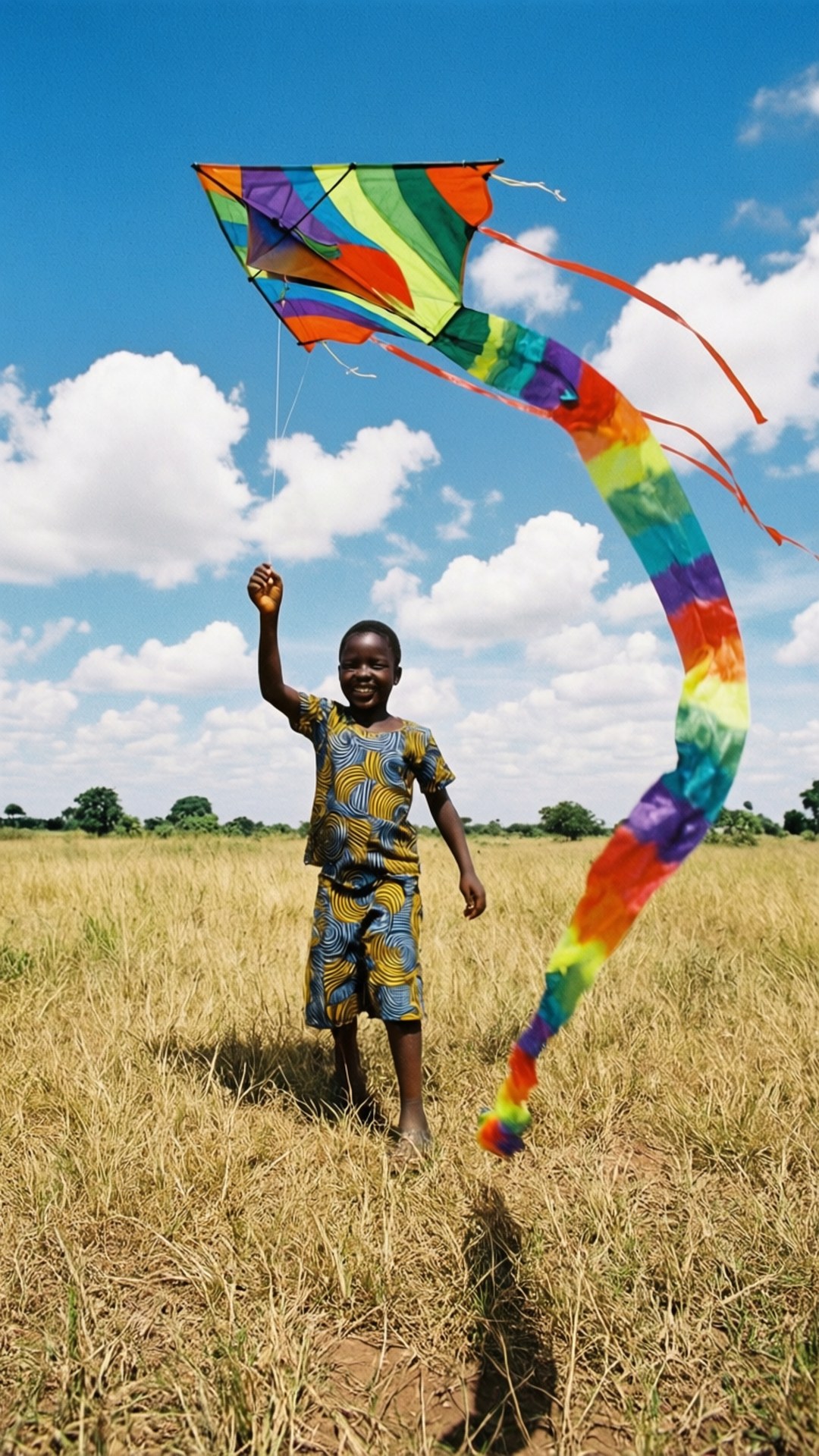 Kite Flying Joy 壁紙 — 一個快樂的孩子穿著圖案衣服，站在金色的田野中，在藍天白雲下放著鮮豔的彩虹風箏。