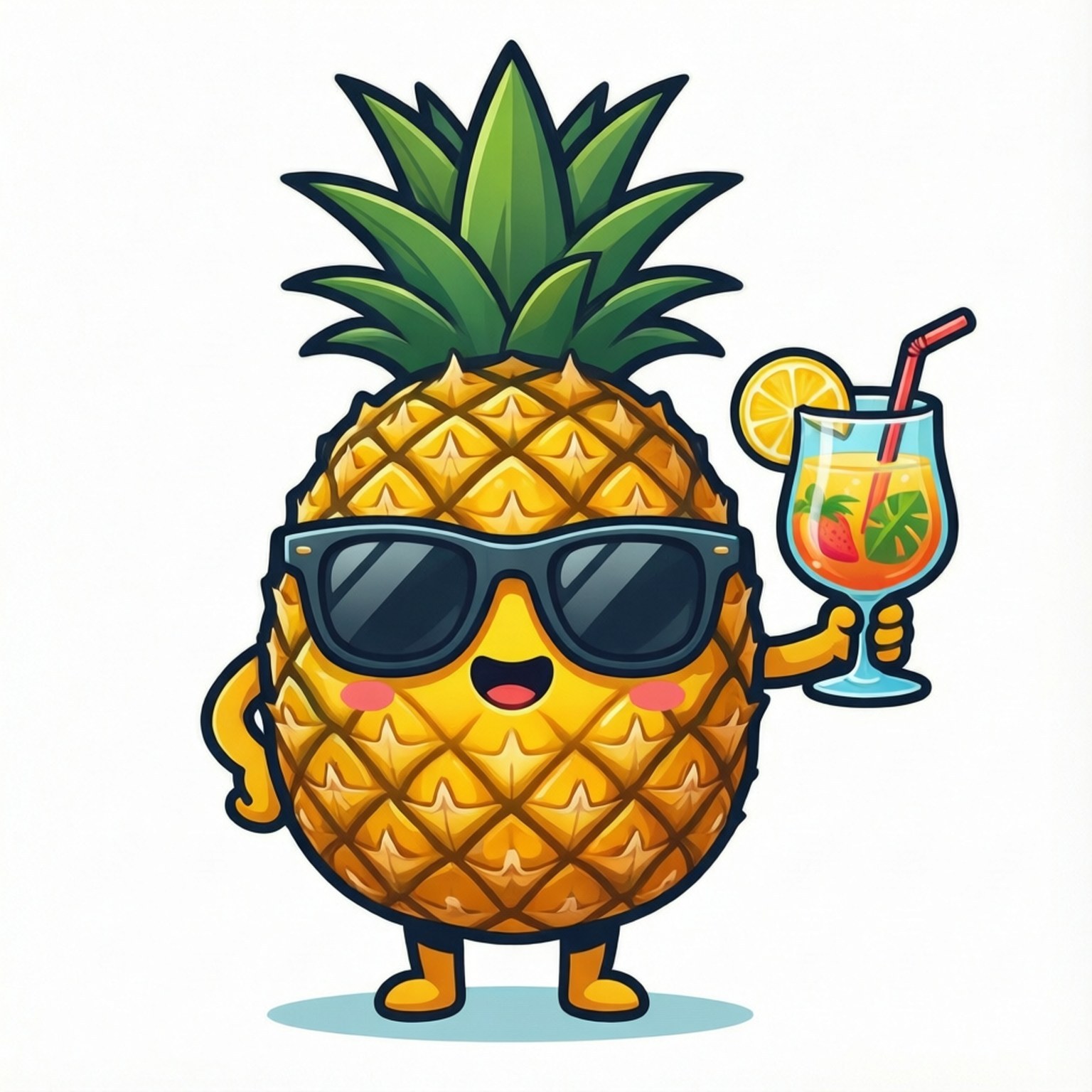Pineapple Summer Vibe 壁紙 — 一個戴著太陽眼鏡、手持帶有吸管和檸檬片的熱帶飲料的快樂卡通鳳梨。