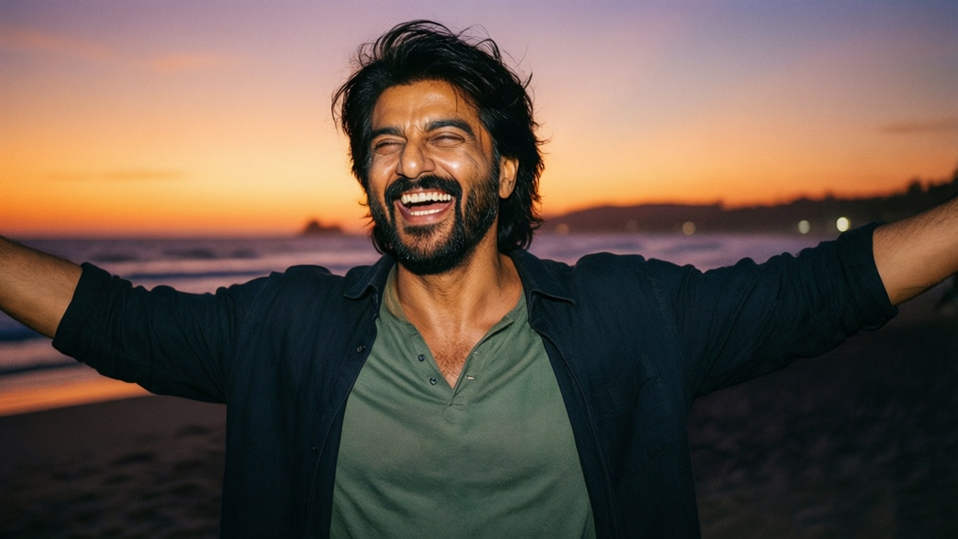 srk 桌布 壁紙 — 一個快樂的男人在日落時分的沙灘上張開雙臂大笑，天空呈現橙色和紫色。
