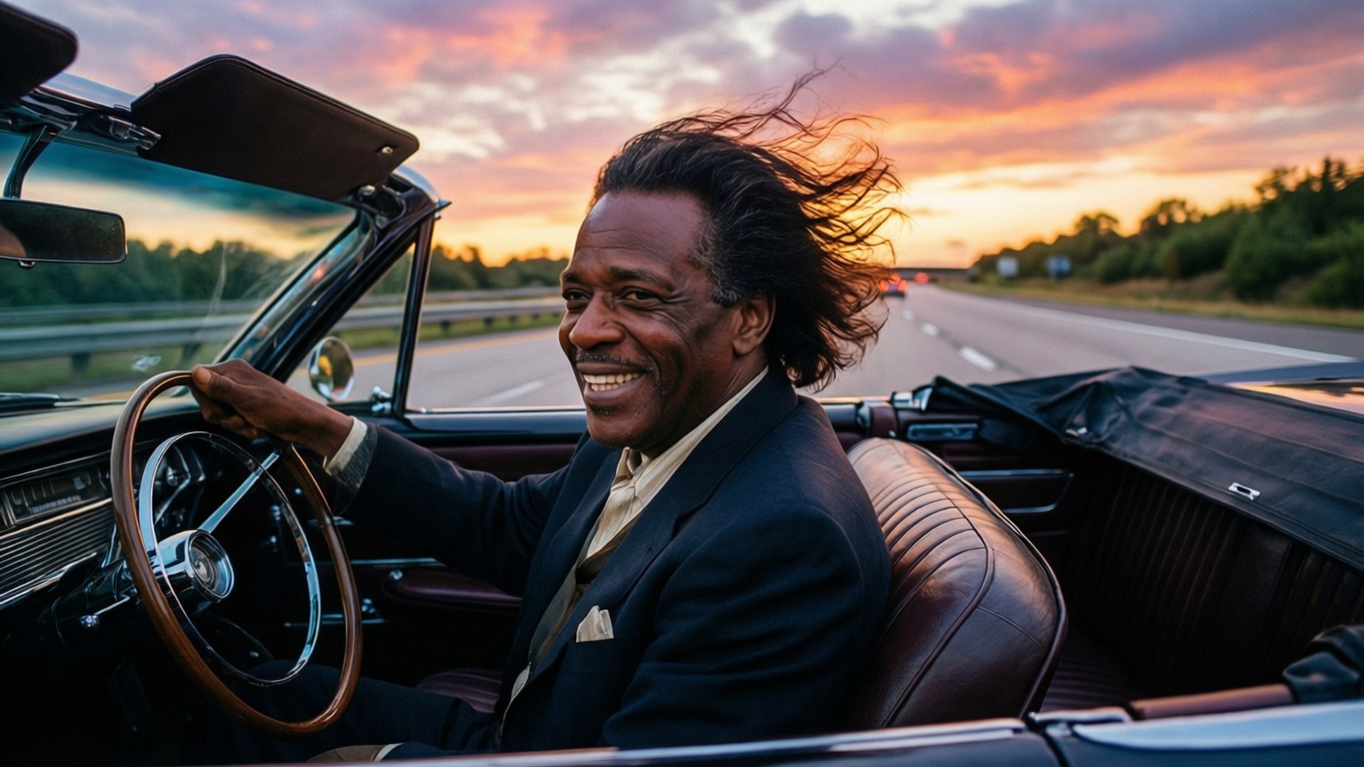 Count Basie 桌布 壁紙 — 一個快樂的男人，頭髮被風吹亂，在日落時分駕駛著一輛復古敞篷車行駛在高速公路上。