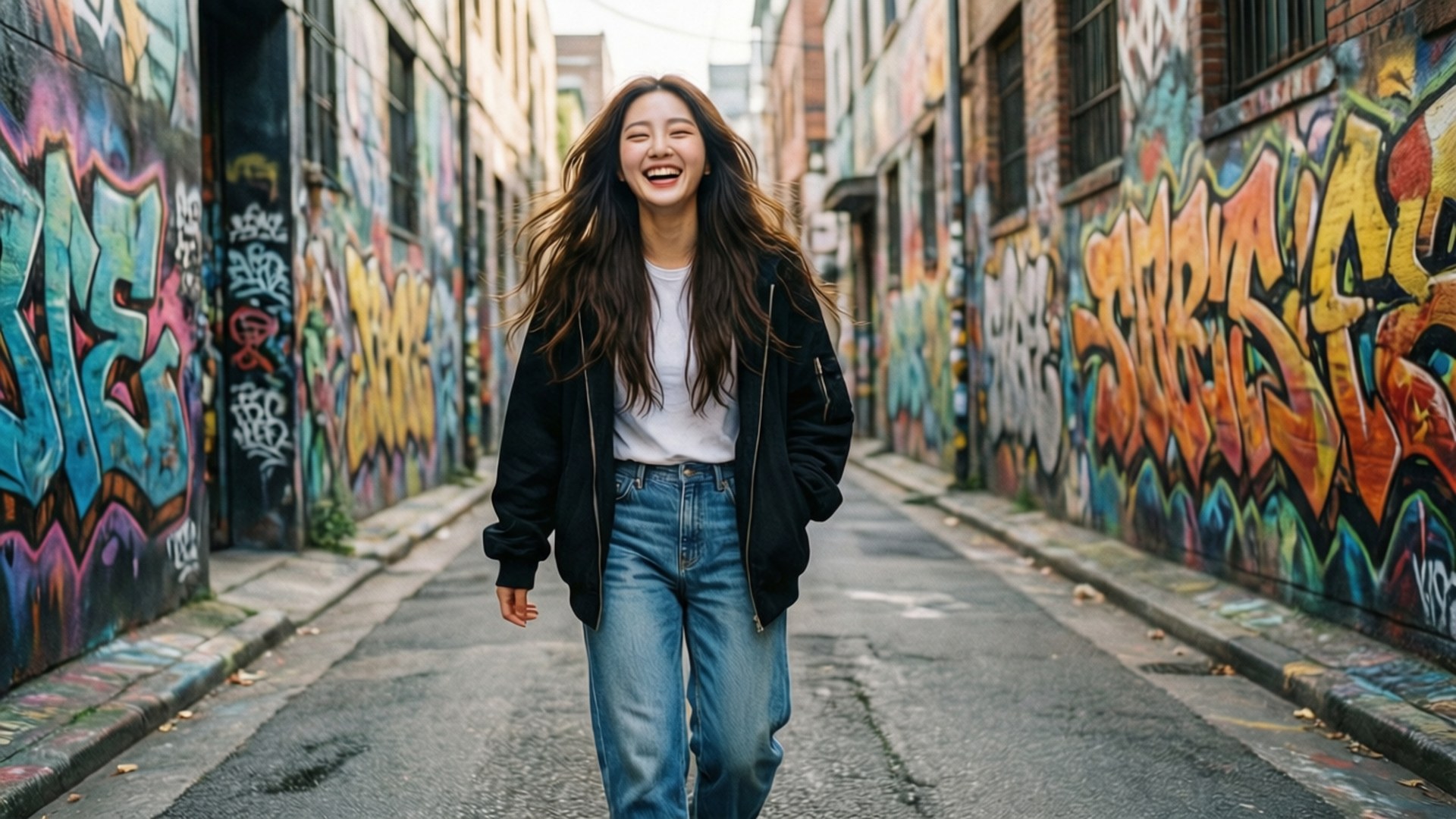 Urban Street Walk 壁紙 — 一位快樂的年輕女性，長長棕色頭髮，笑著走在充滿塗鴉的活力城市小巷中。