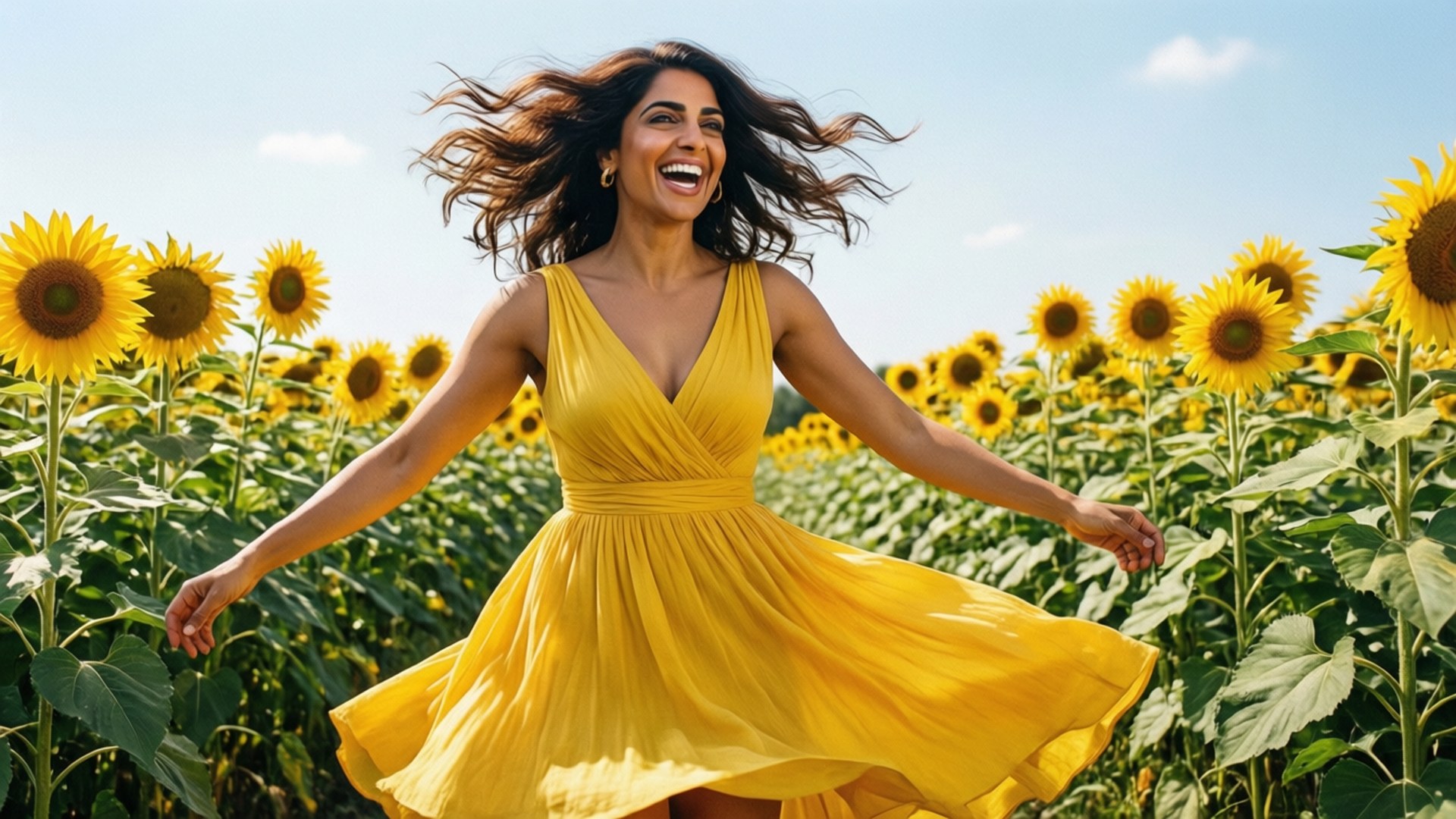 Sunflower Field Joy 壁紙 — 一位快樂的女人穿著飄逸的黃色連衣裙，在晴朗的藍天下，在充滿活力的向日葵田中張開雙臂大笑。