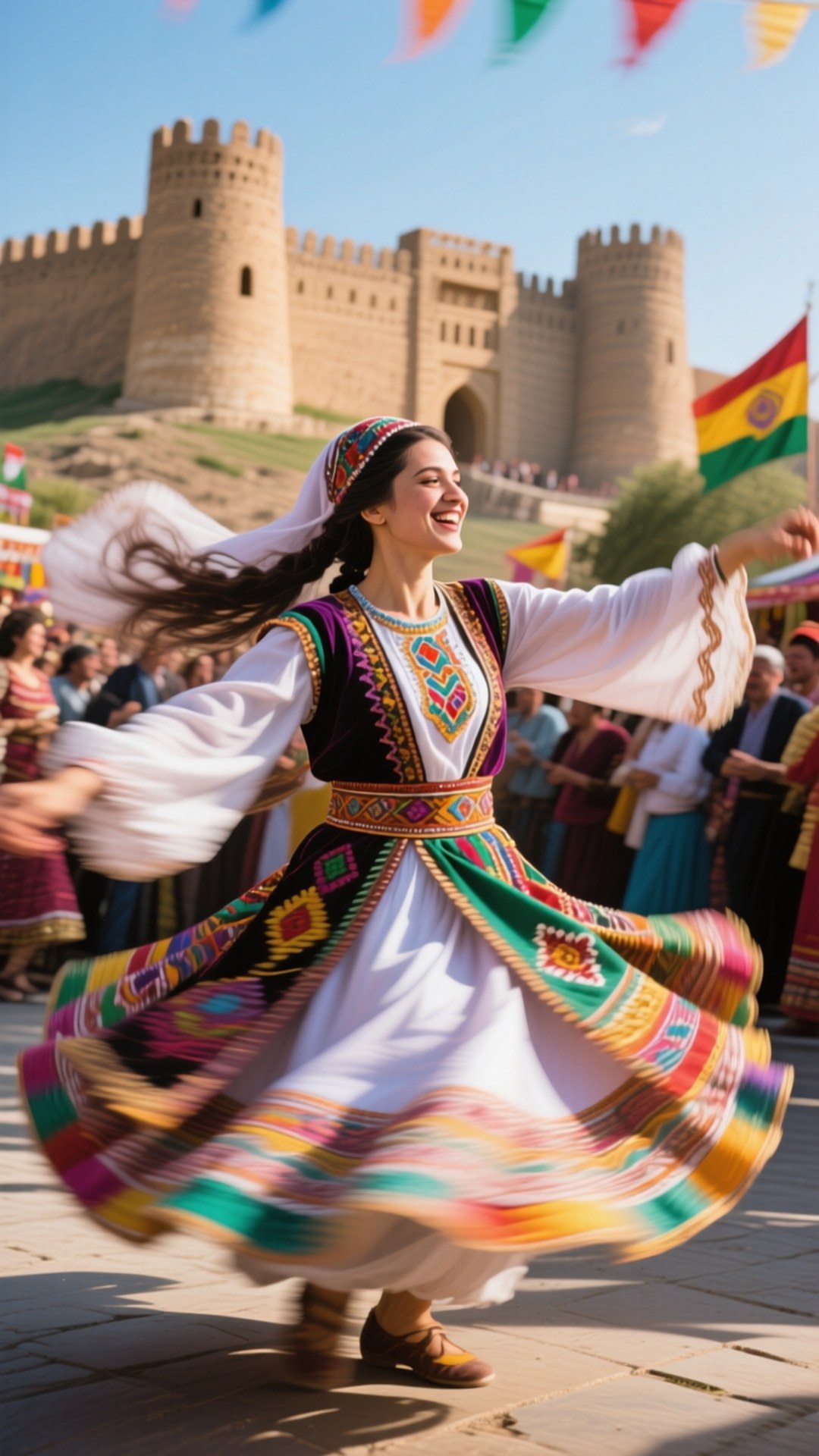 Kurdish Dance in Erbil 壁紙 — 一位快樂的女子穿著鮮豔的傳統服飾，在晴朗藍天下，於歷史石堡前優雅地旋轉。