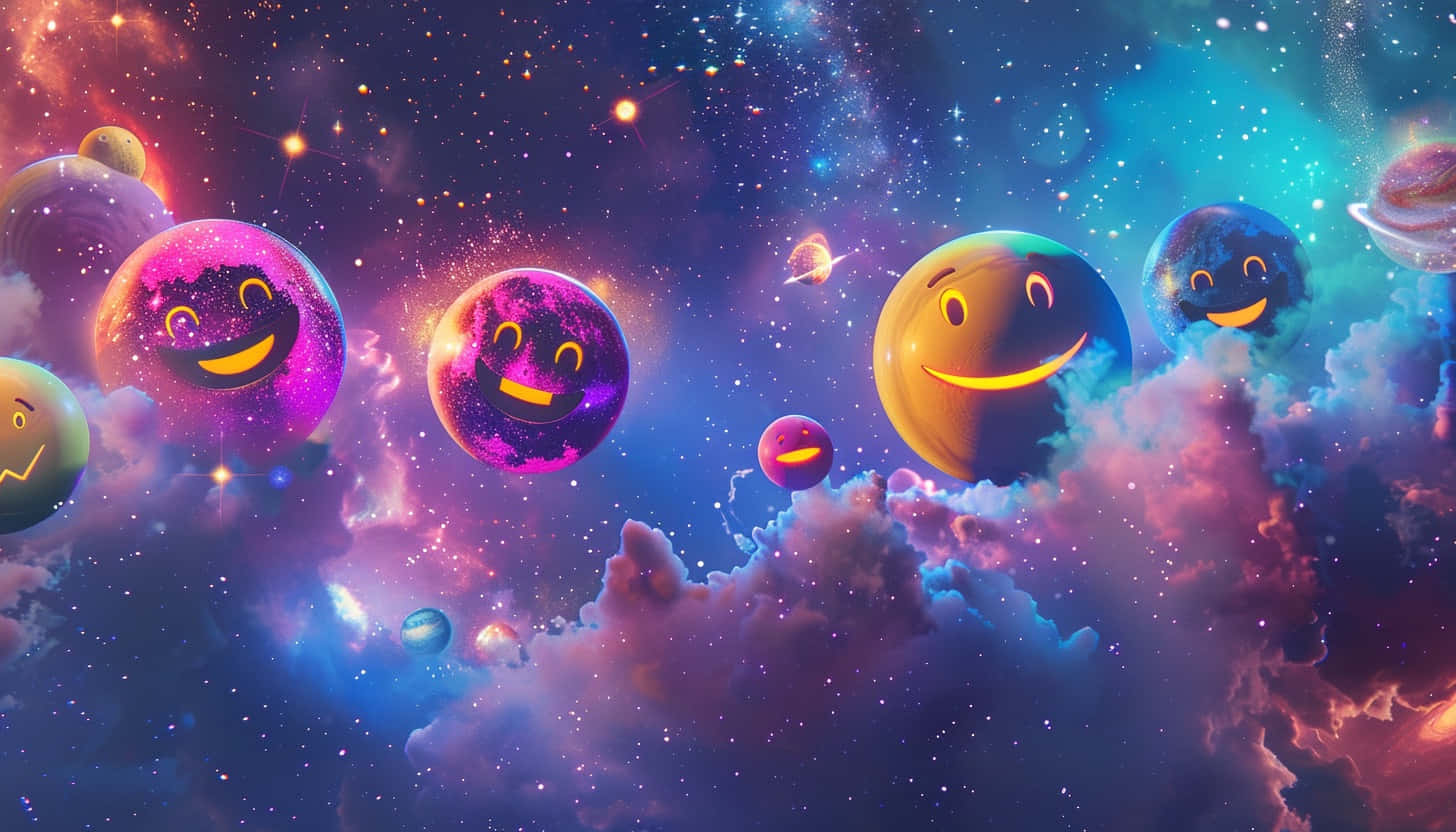  壁紙 — 快樂微笑的行星漂浮在充滿星星和彩色雲朵的充滿活力的宇宙星雲中。