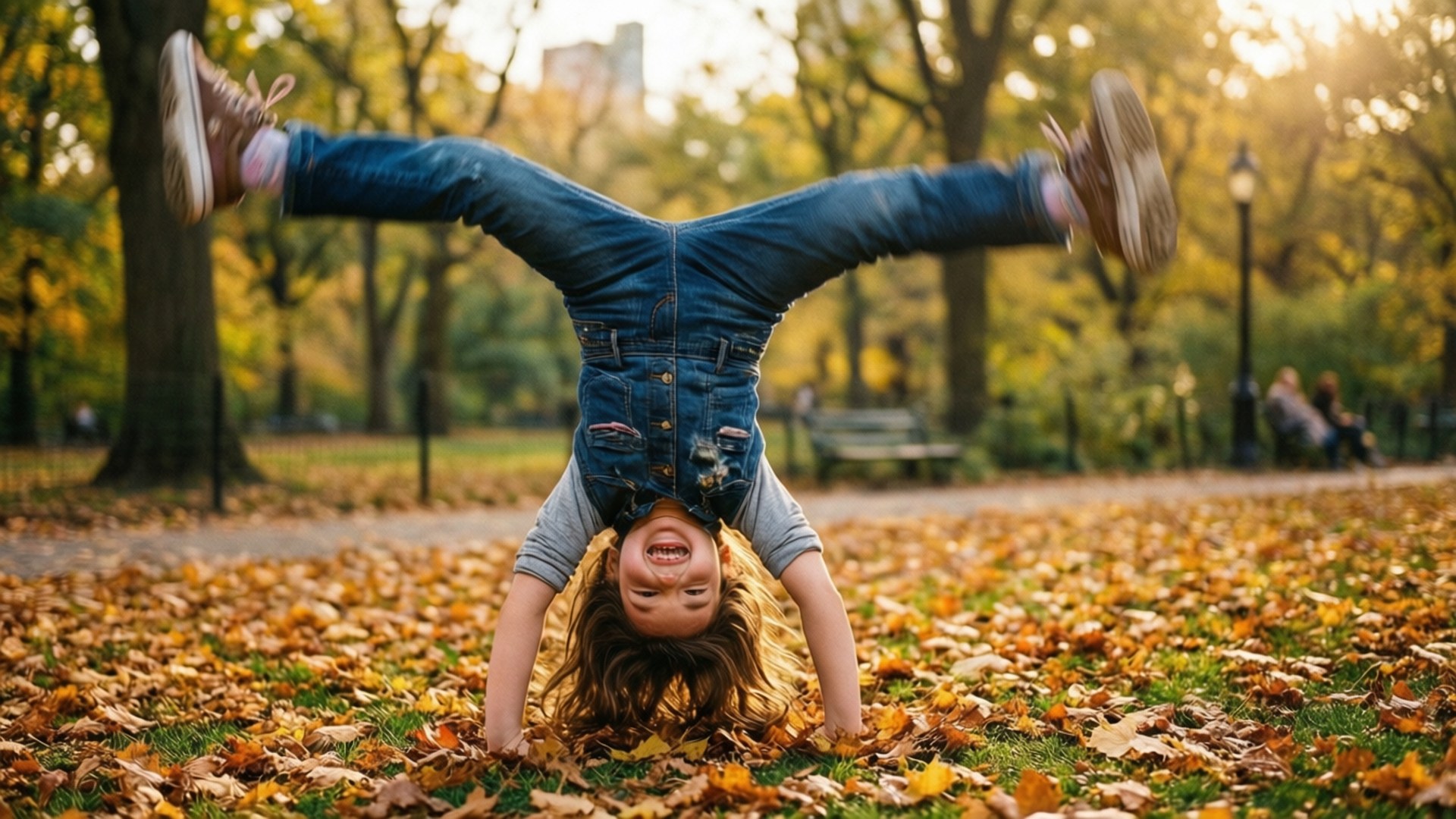 Autumn Cartwheel 壁紙 — 一個快樂的小孩在公園裡，在溫暖的陽光下，於鋪滿金色秋葉的地上做倒立。