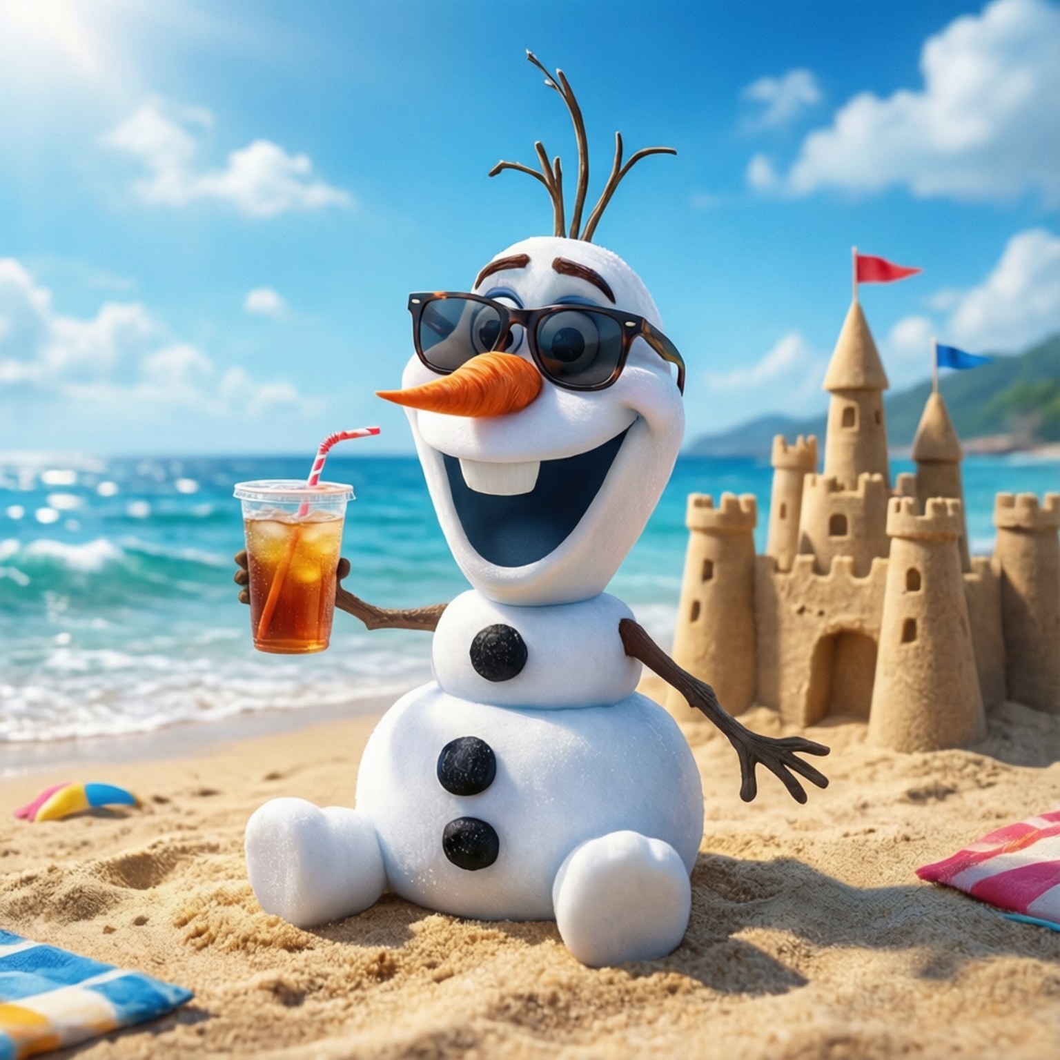 Olaf's Beach Day 壁紙 — 一個戴著太陽眼鏡和胡蘿蔔鼻子的快樂雪人坐在陽光明媚的海灘上，旁邊有一個沙堡，手裡拿著飲料。