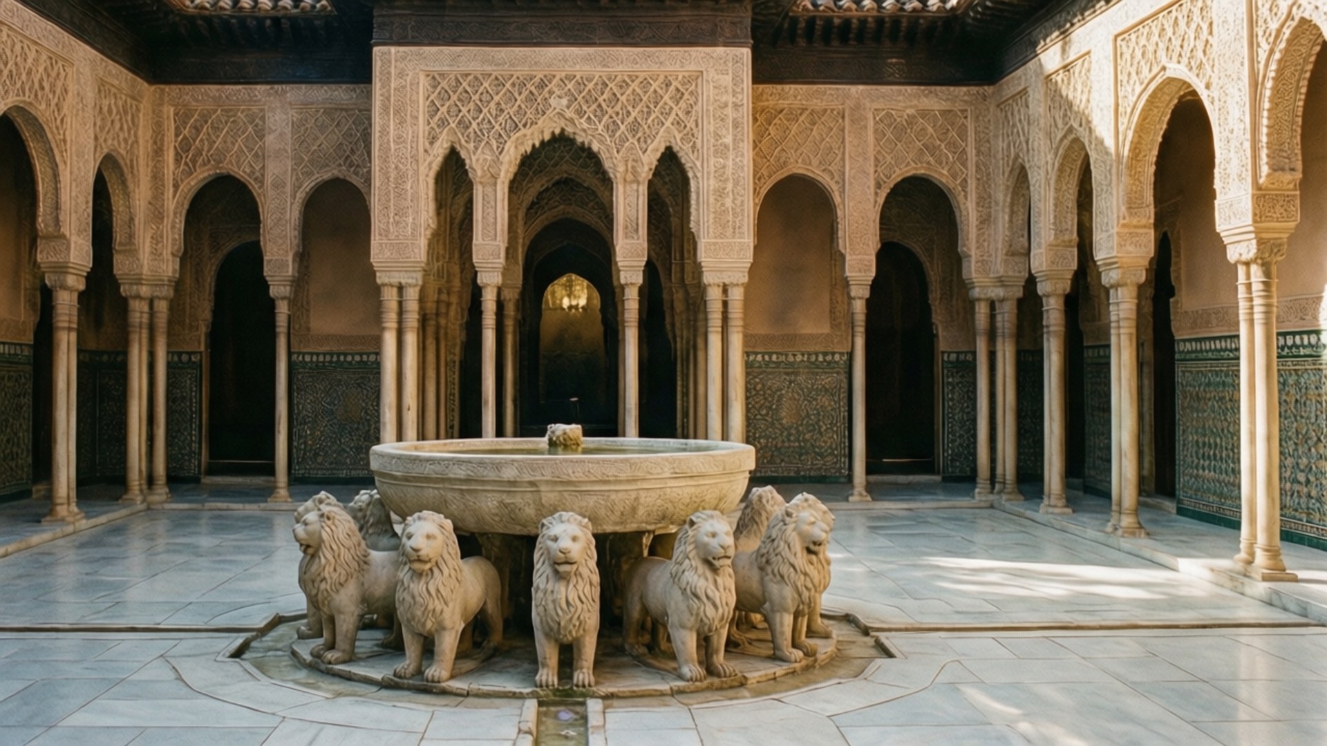 Alhambra Court of Lions 壁紙 — 一個寬敞的庭院中央有一座石噴泉，周圍有六尊獅子雕像，上方是拱形柱廊，飾有精緻的瓷磚工藝。