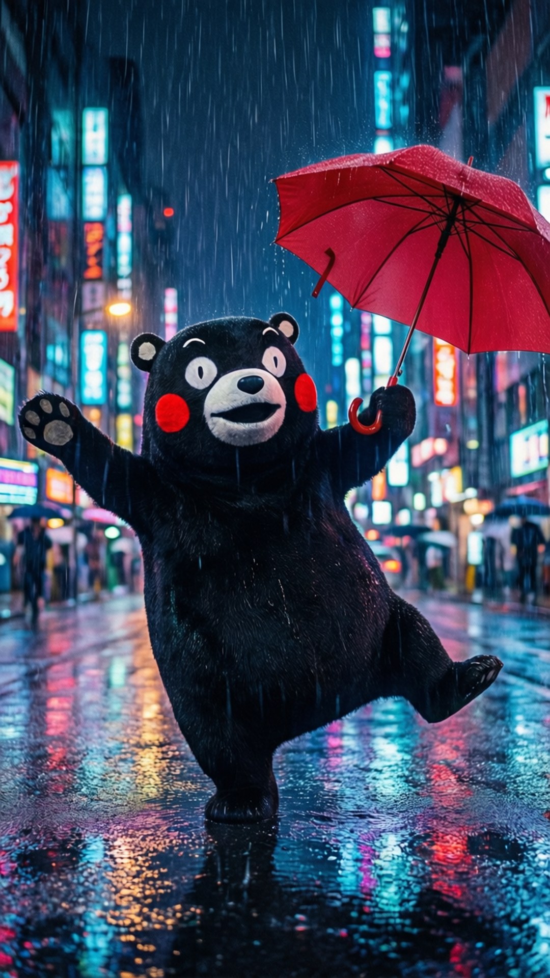 熊本熊 桌布 壁紙 — 一隻開心的熊本熊吉祥物在夜晚的東京霓虹燈街道上，在紅傘下快樂地在雨中跳舞。