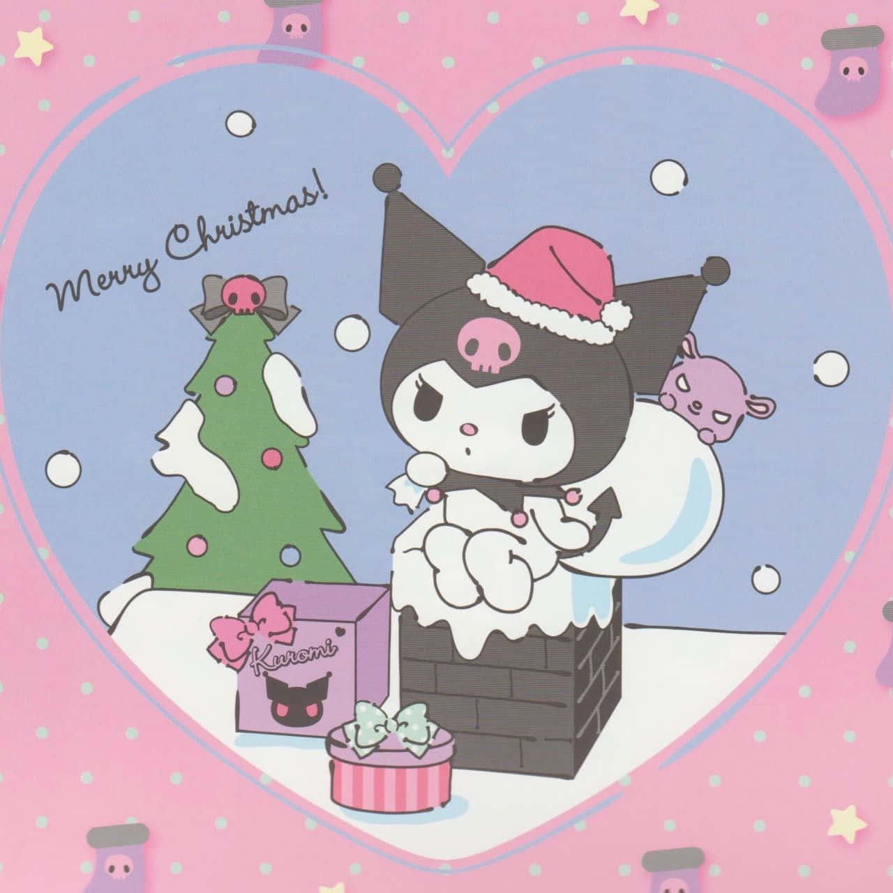  壁紙 — Kuromi 戴著聖誕帽坐在白雪覆蓋的煙囪頂上，旁邊是裝飾好的聖誕樹和禮物，下方有粉紅色心形邊框。