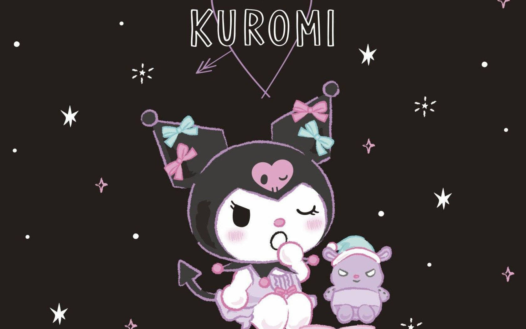 Kuromi 和一個小紫色生物在星空下。 — Sanrio 壁紙
