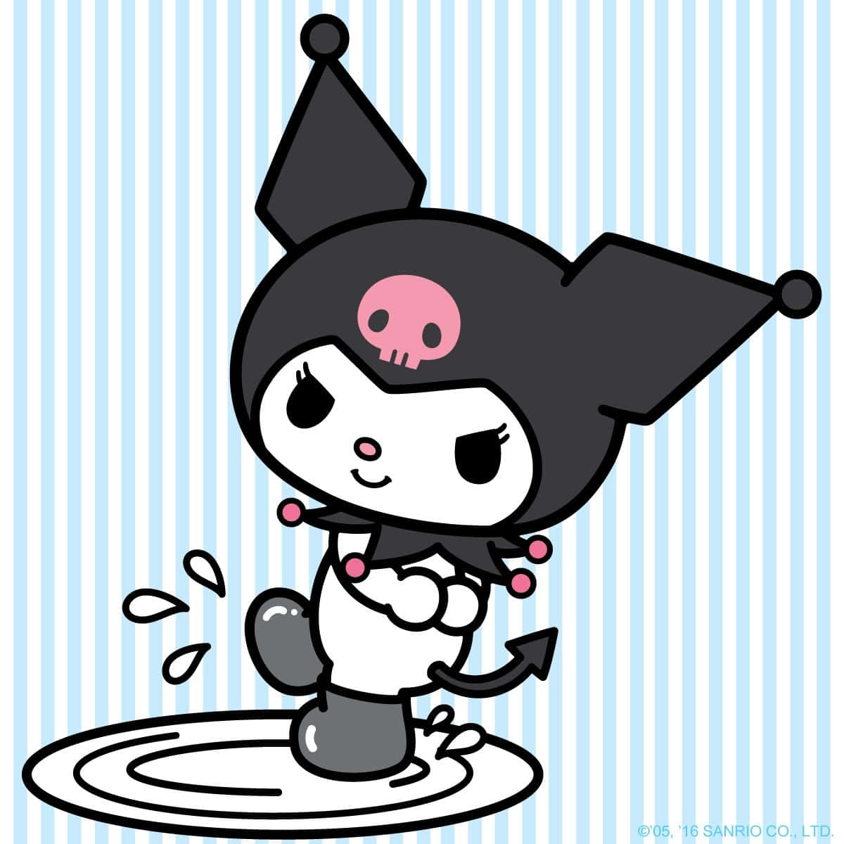Kuromi 在條紋背景的水坑中潑水。 — 庫洛米 壁紙