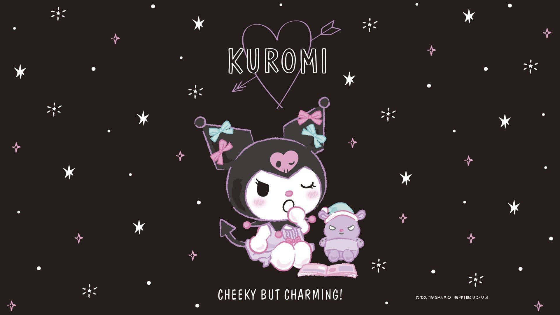 Kuromi 這隻戴著蝴蝶結的黑貓坐在一個毛絨玩具旁邊，背景是星空。 — 庫洛米 壁紙
