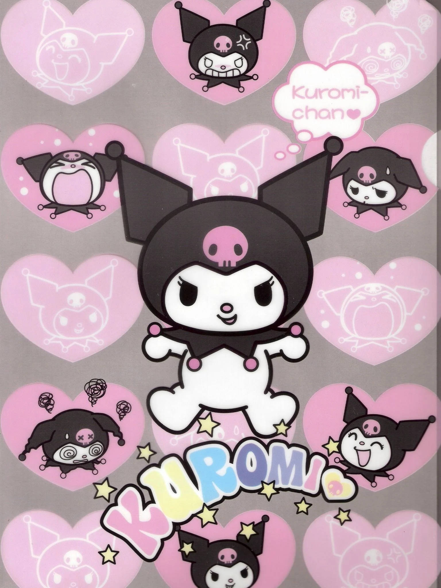 庫洛米 桌布 壁紙 — Kuromi 卡通角色被粉紅色愛心包圍，帶有各種表情，灰色背景。