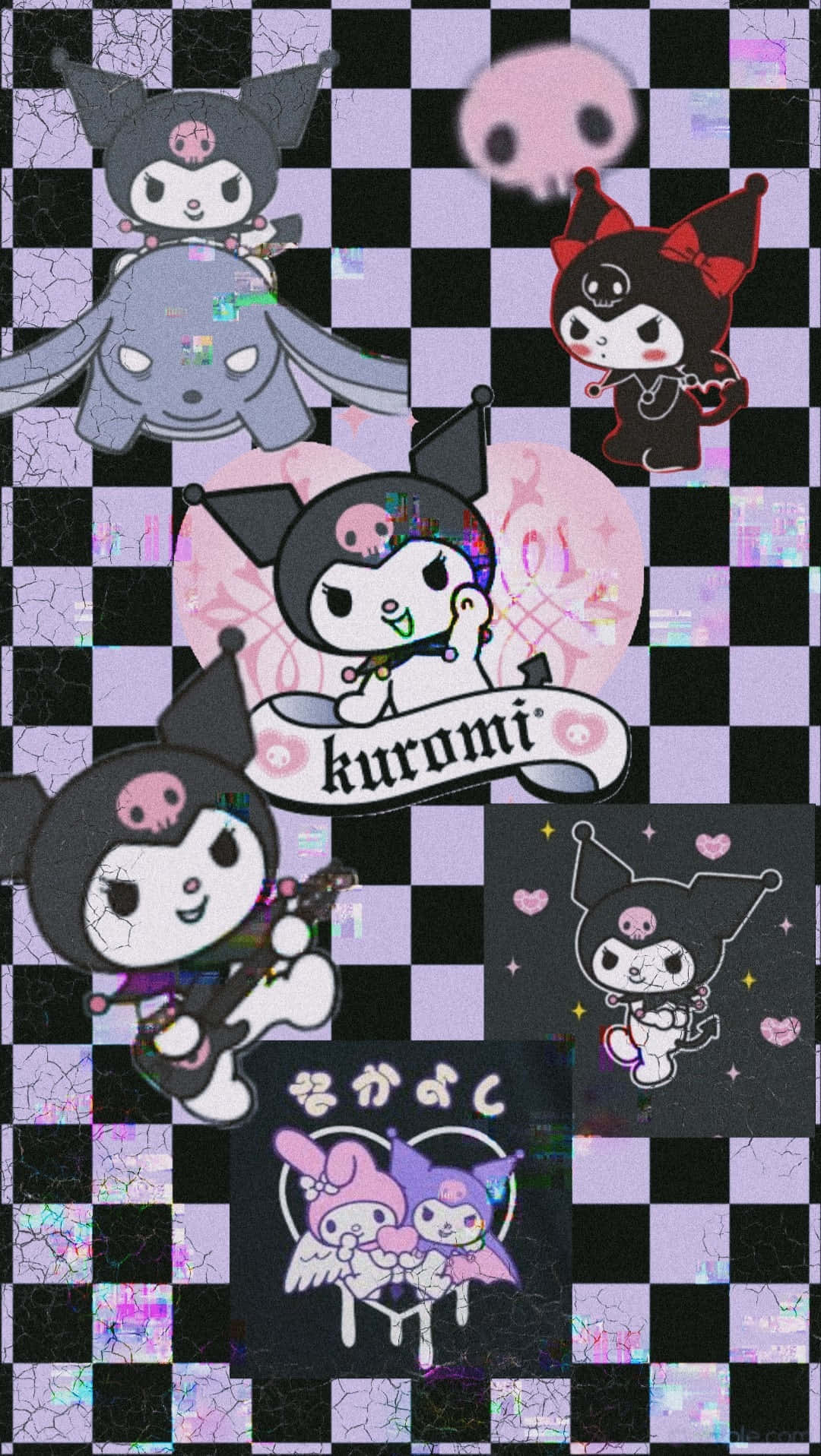 Hello Kitty And Friends 桌布 壁紙 — Kuromi 和朋友角色的拼貼畫，背景是帶有愛心和骷髏的故障黑色和紫色格子圖案。