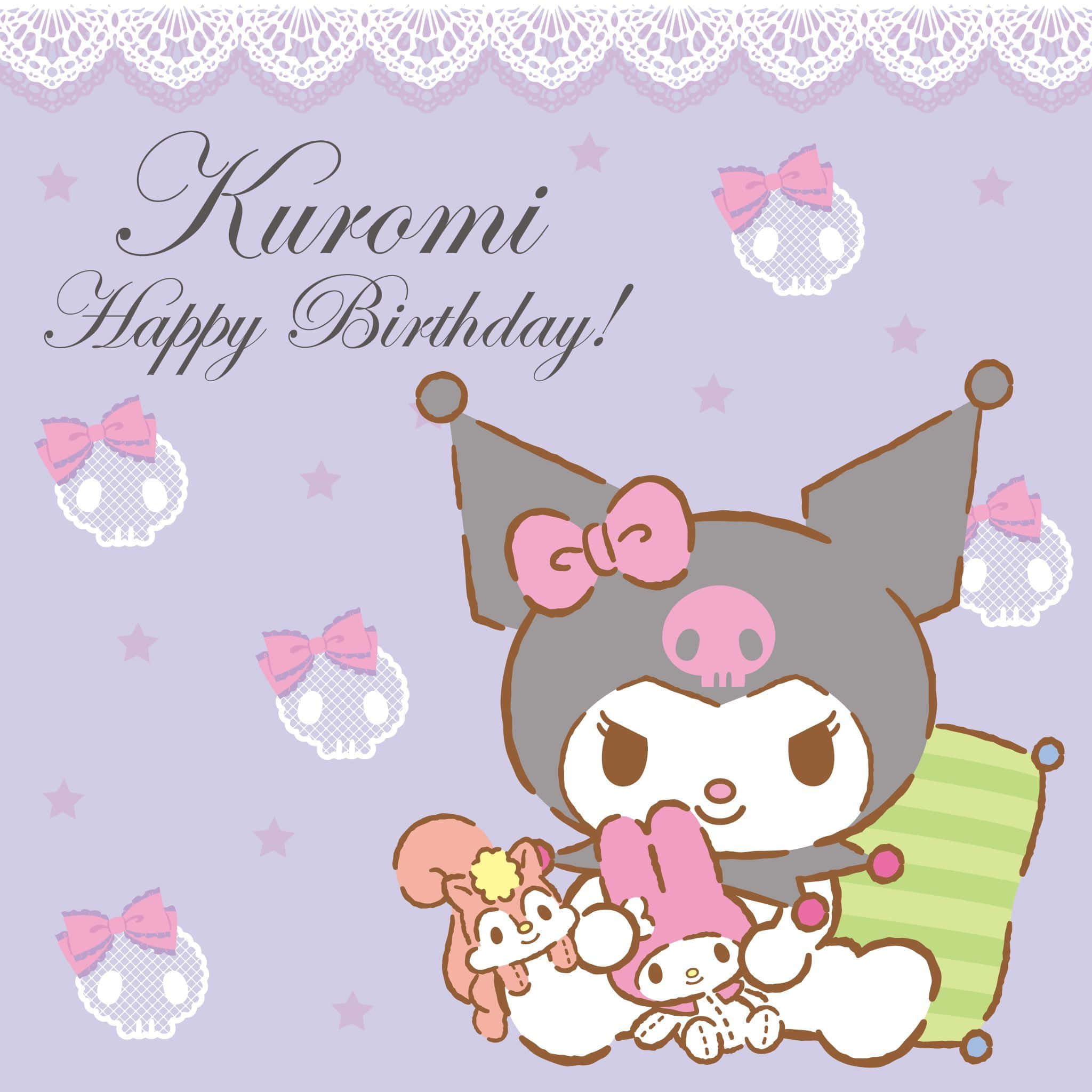 Kuromi Birthday 桌布 壁紙 — Kuromi 戴著生日帽，在帶有蕾絲和骷髏圖案的薰衣草背景上擁抱 My Melody 和 Cinnamoroll。