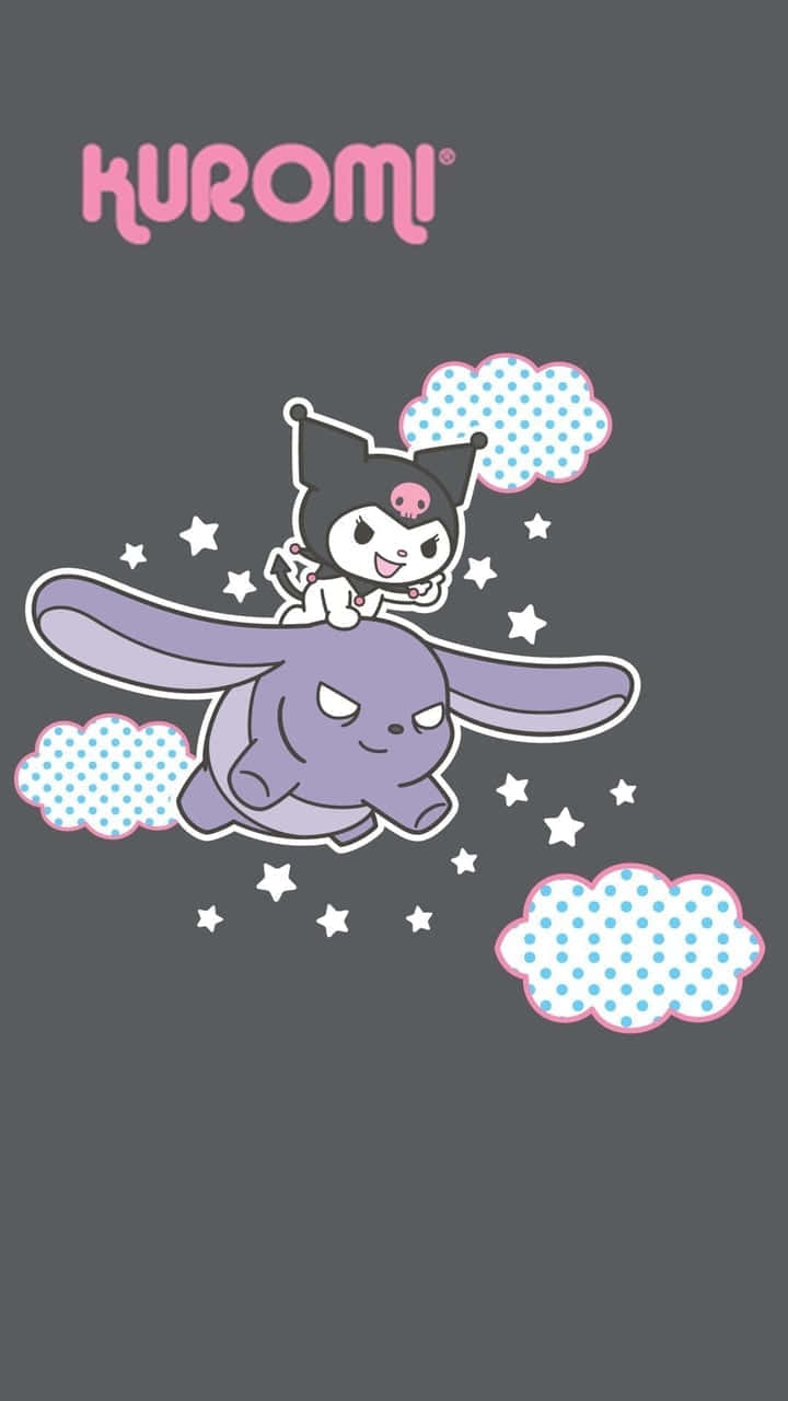 Kuromi 騎著紫色兔子，背景有星星和圓點雲朵，深灰色背景。 — 大象 GIF 壁紙