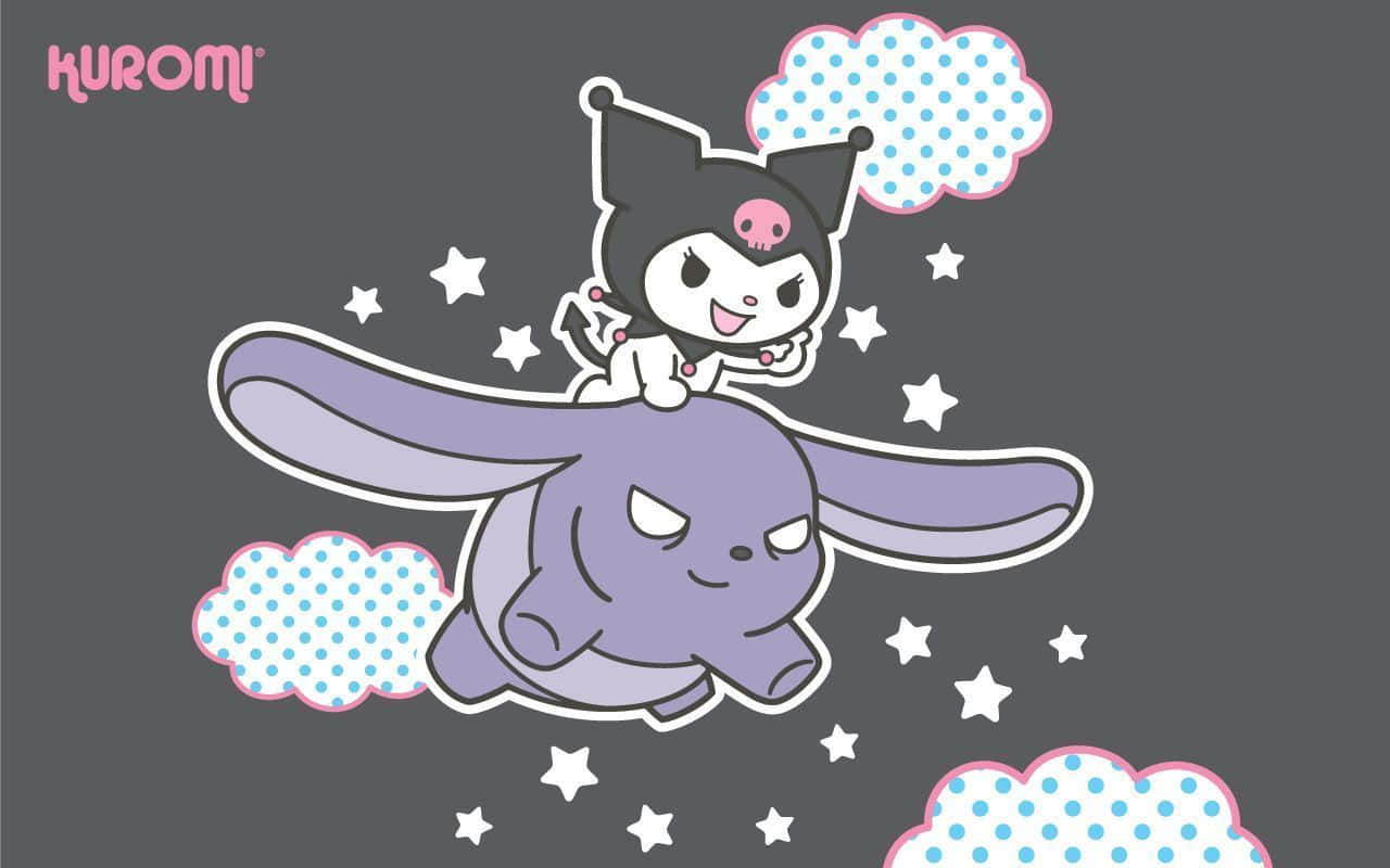 我的旋律 桌布 壁紙 — Kuromi 騎著一隻紫色兔子穿過滿天星星的夜空，背景是深灰色，有波點雲朵。
