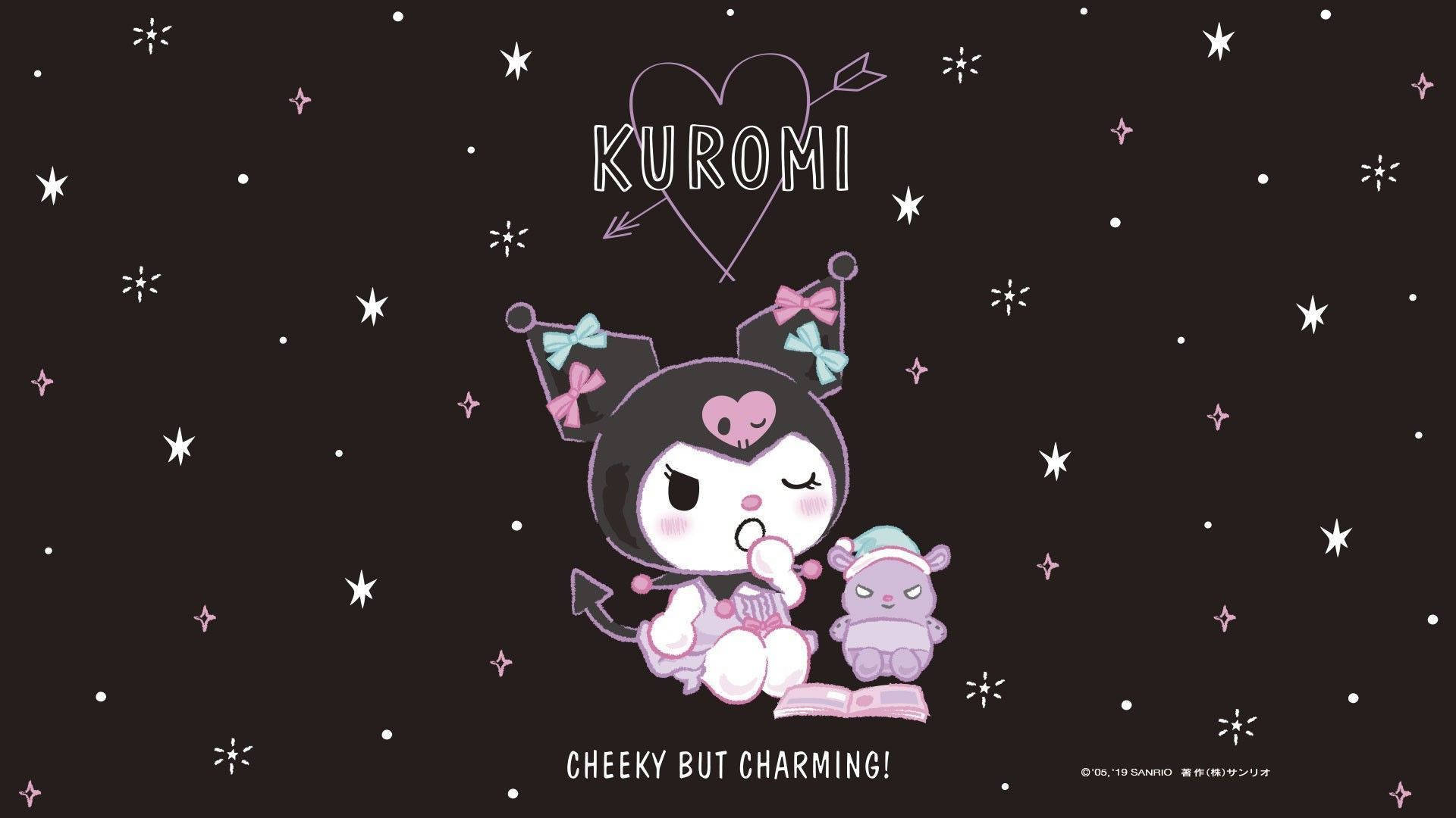Cute Sanrio 桌布 壁紙 — Kuromi 黑色貓咪戴著蝴蝶結，坐在星空下的小毛絨玩具旁邊，拿著一個杯子蛋糕。