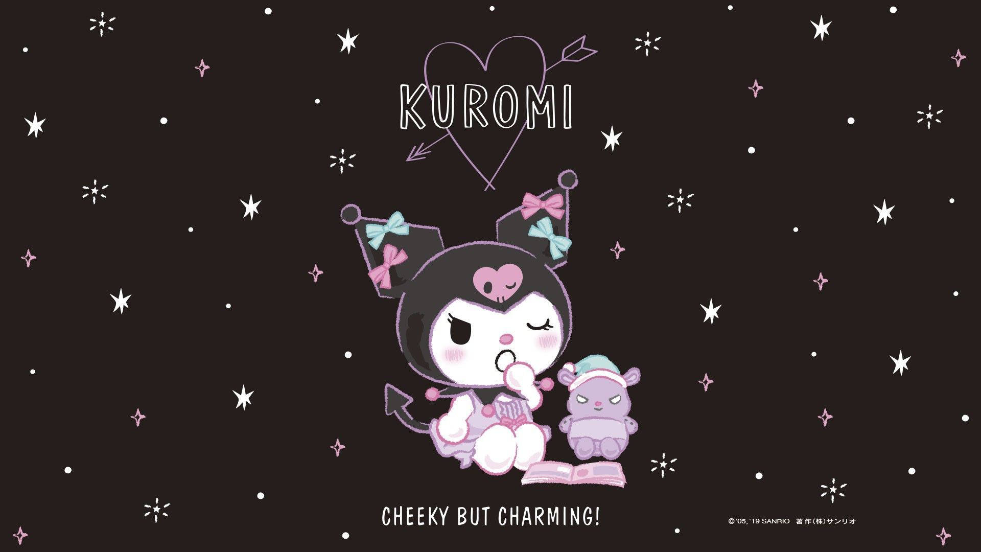 庫洛米 桌布 壁紙 — Kuromi 黑色貓咪戴著蝴蝶結，在星空下坐在一個小毛絨玩具旁邊，拿著一個杯子蛋糕。