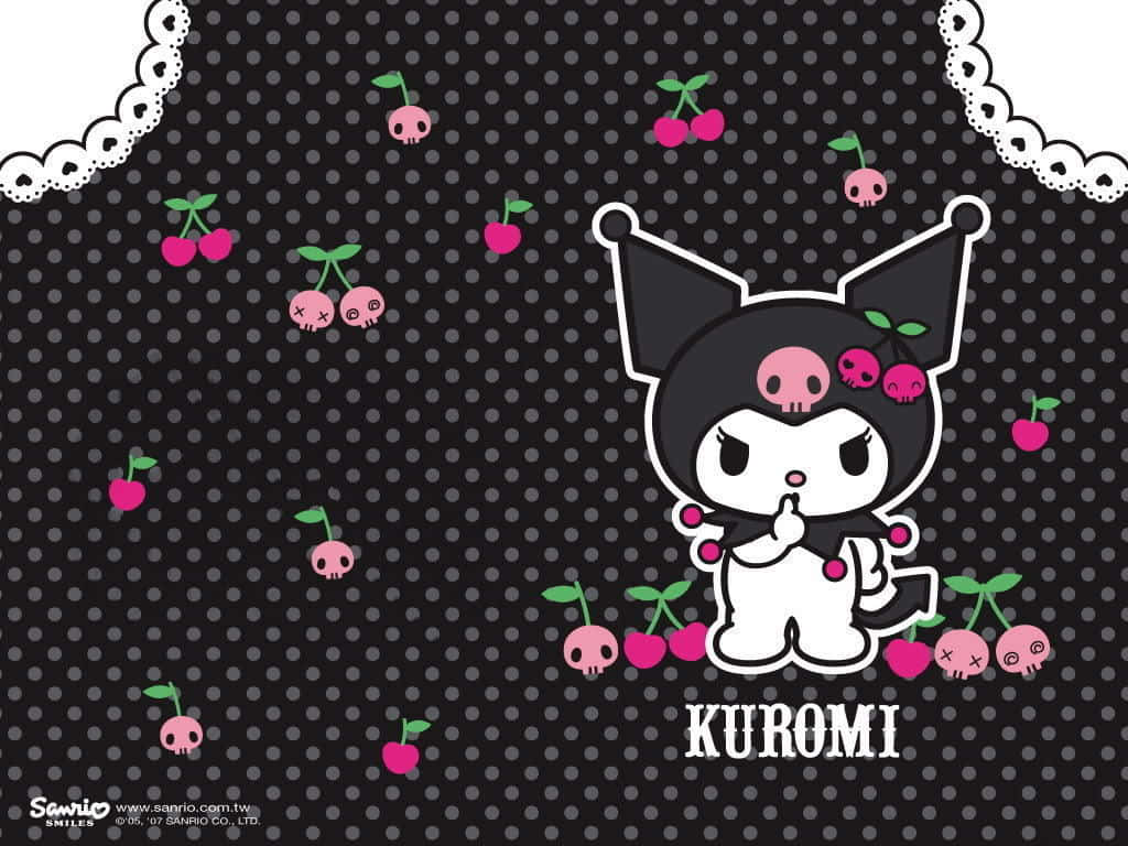 Kuromi Aesthetic 桌布 壁紙 — Kuromi 黑色貓咪角色，帶有櫻桃骷髏，漂浮在帶有蕾絲邊的圓點背景上。