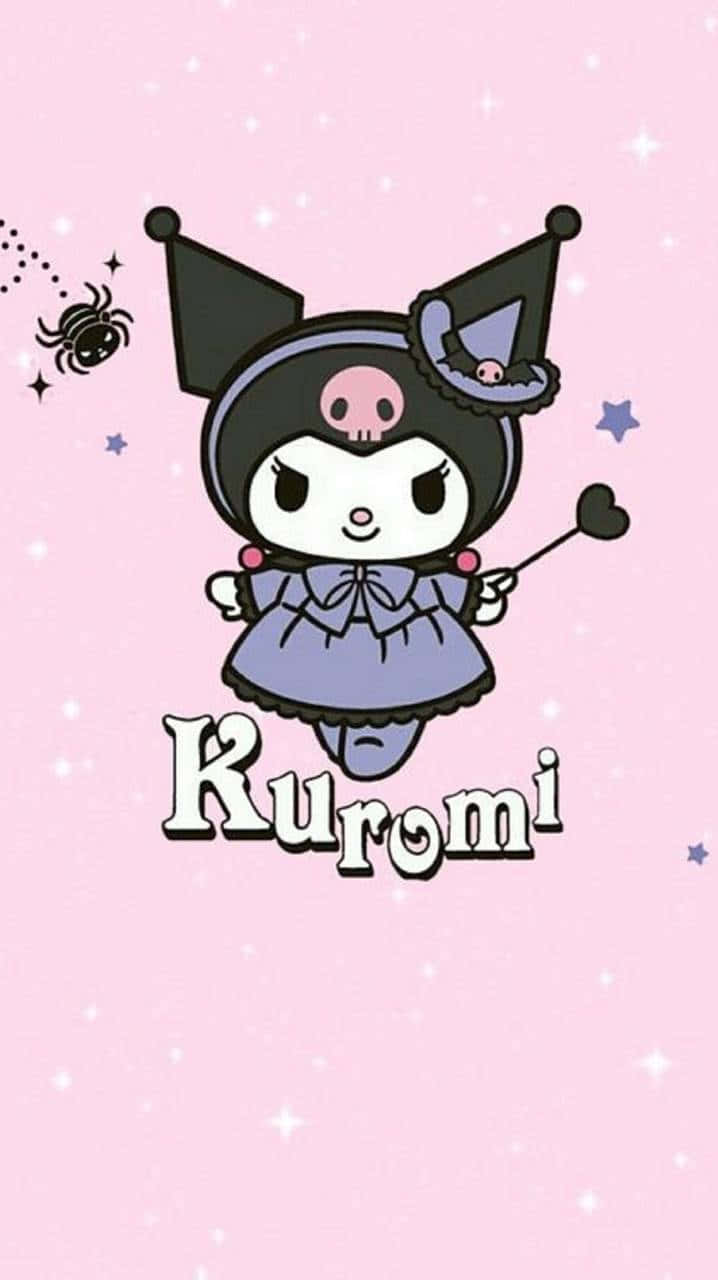 sanrio 桌布 壁紙 — Kuromi 黑貓穿著紫色女巫服裝，在閃閃發光的粉紅色背景上漂浮，背景上有星星和一隻蜘蛛。