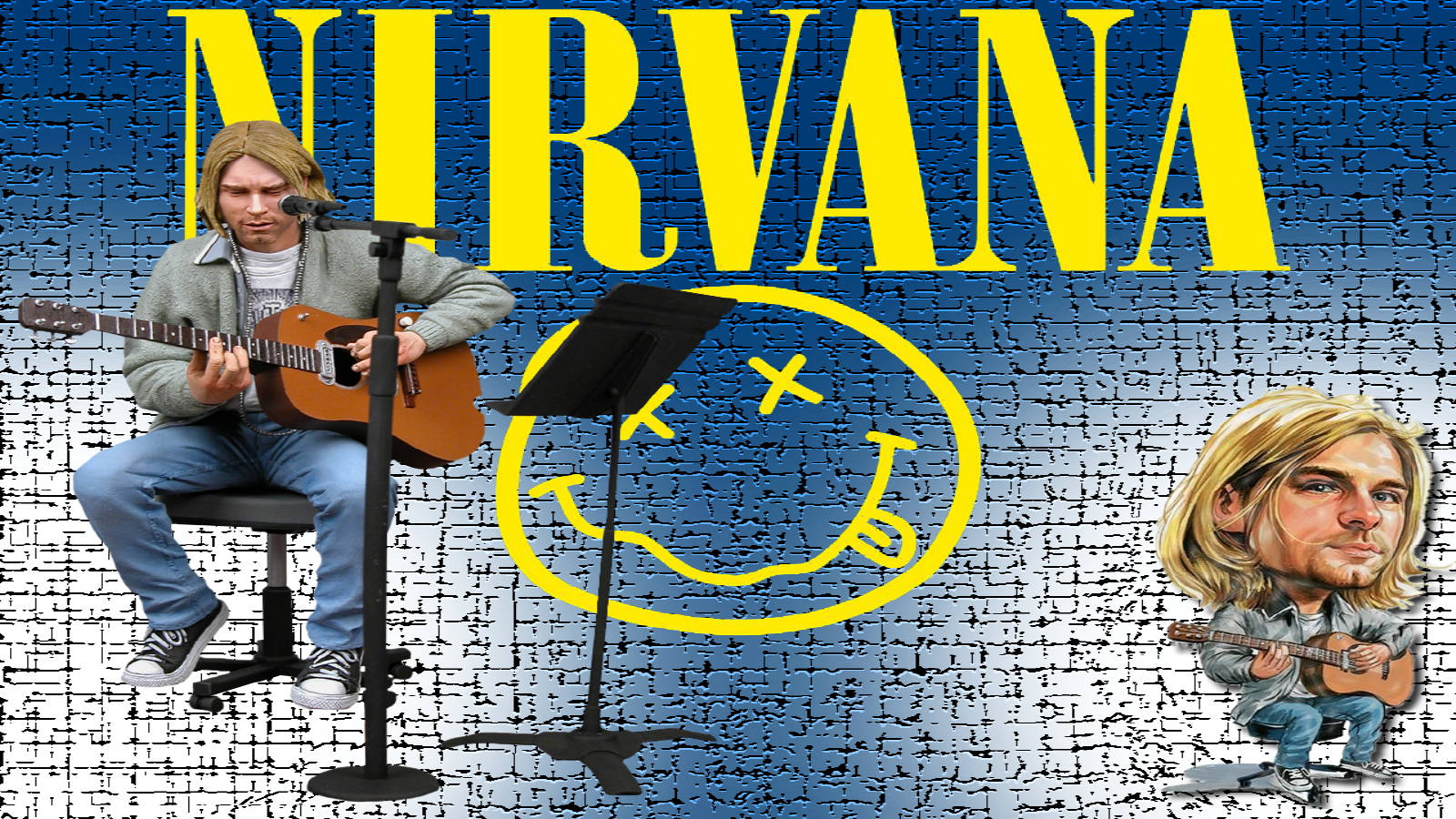 nirvana 4K 桌布 壁紙 — Kurt Cobain 在藍色磚牆前彈奏木吉他，牆上有黃色Nirvana標誌和笑臉。